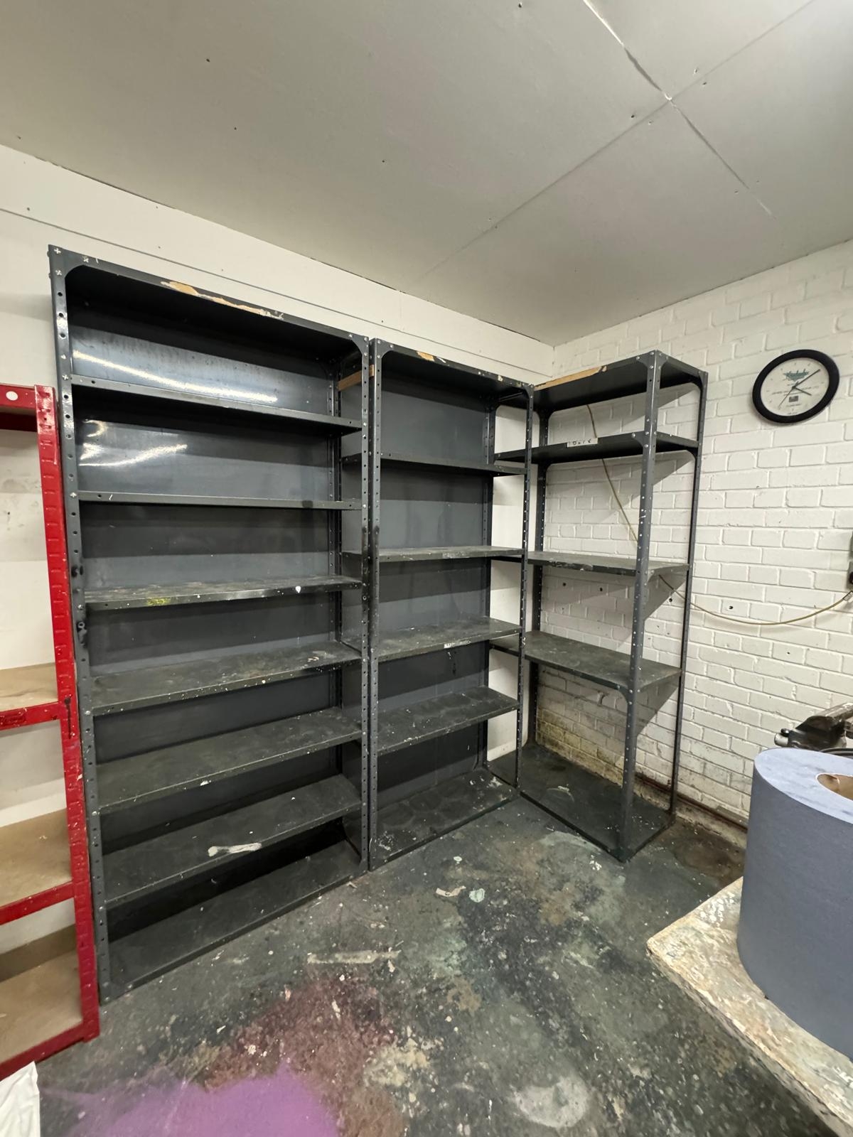 Three sets of metal shelving 30 x 92 x 216