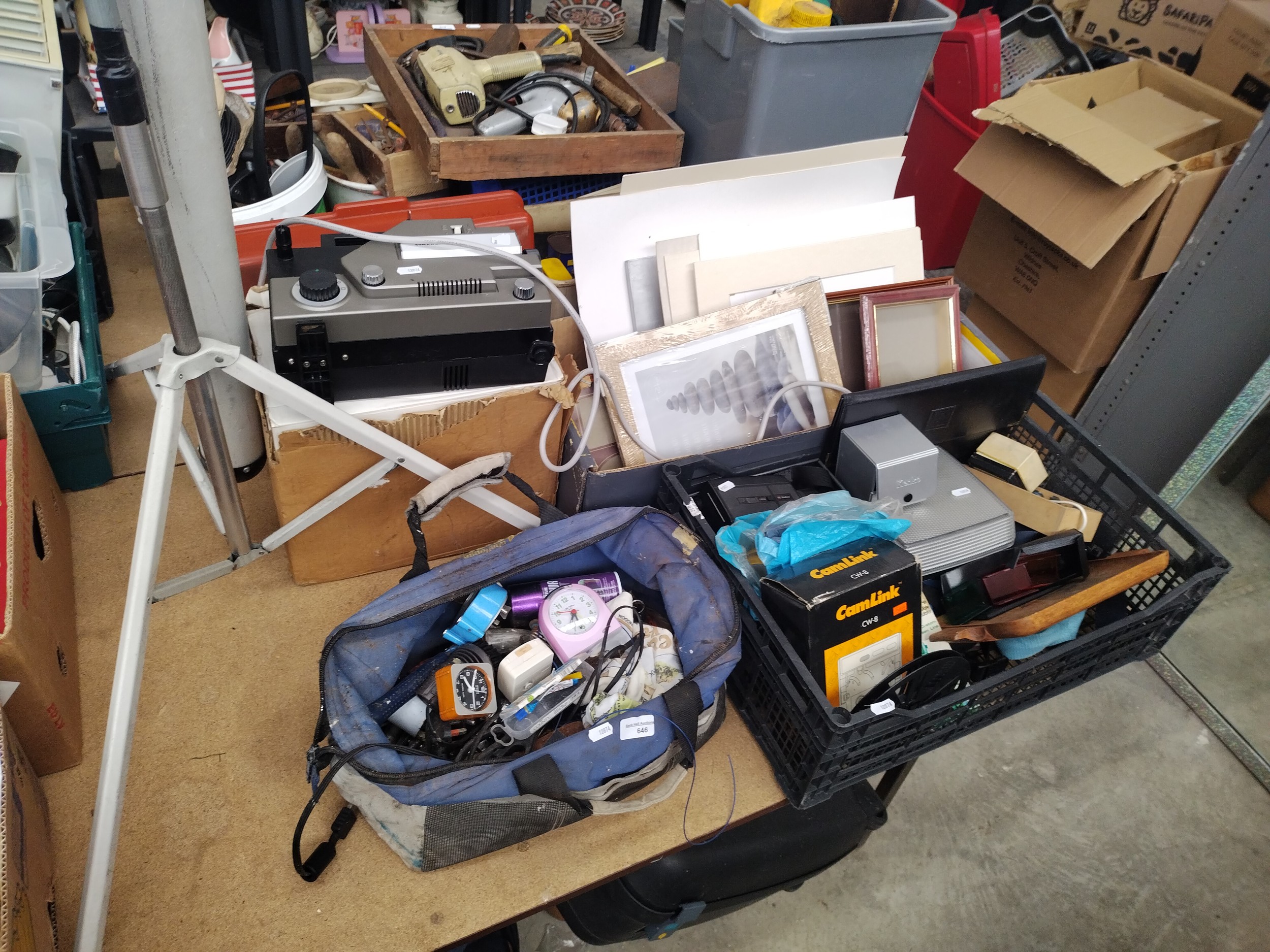 Lot inc projector, projector screen, clocks, Cam link, picture frames, tools