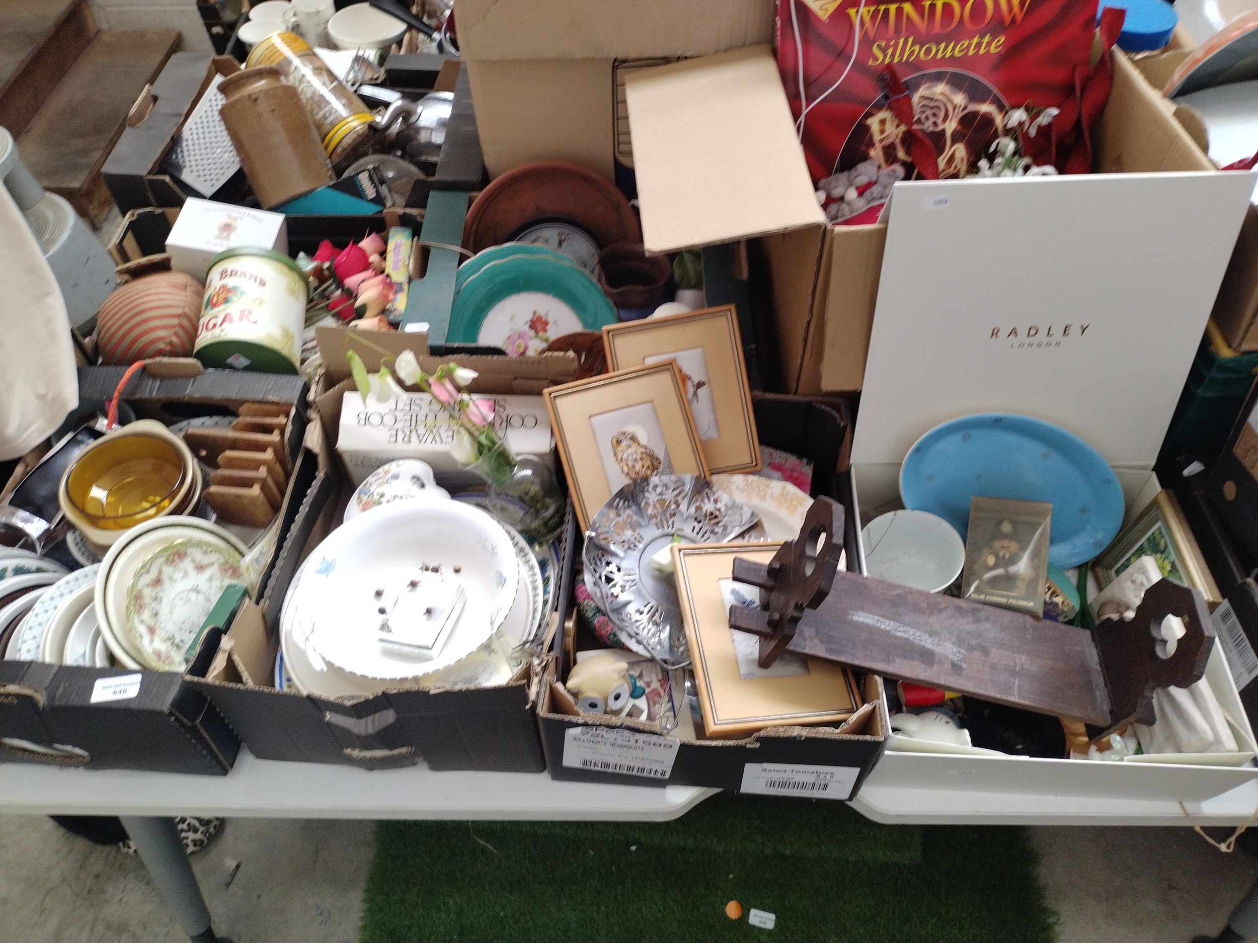 Seven boxes inc pottery, Christmas items, artwork, etc