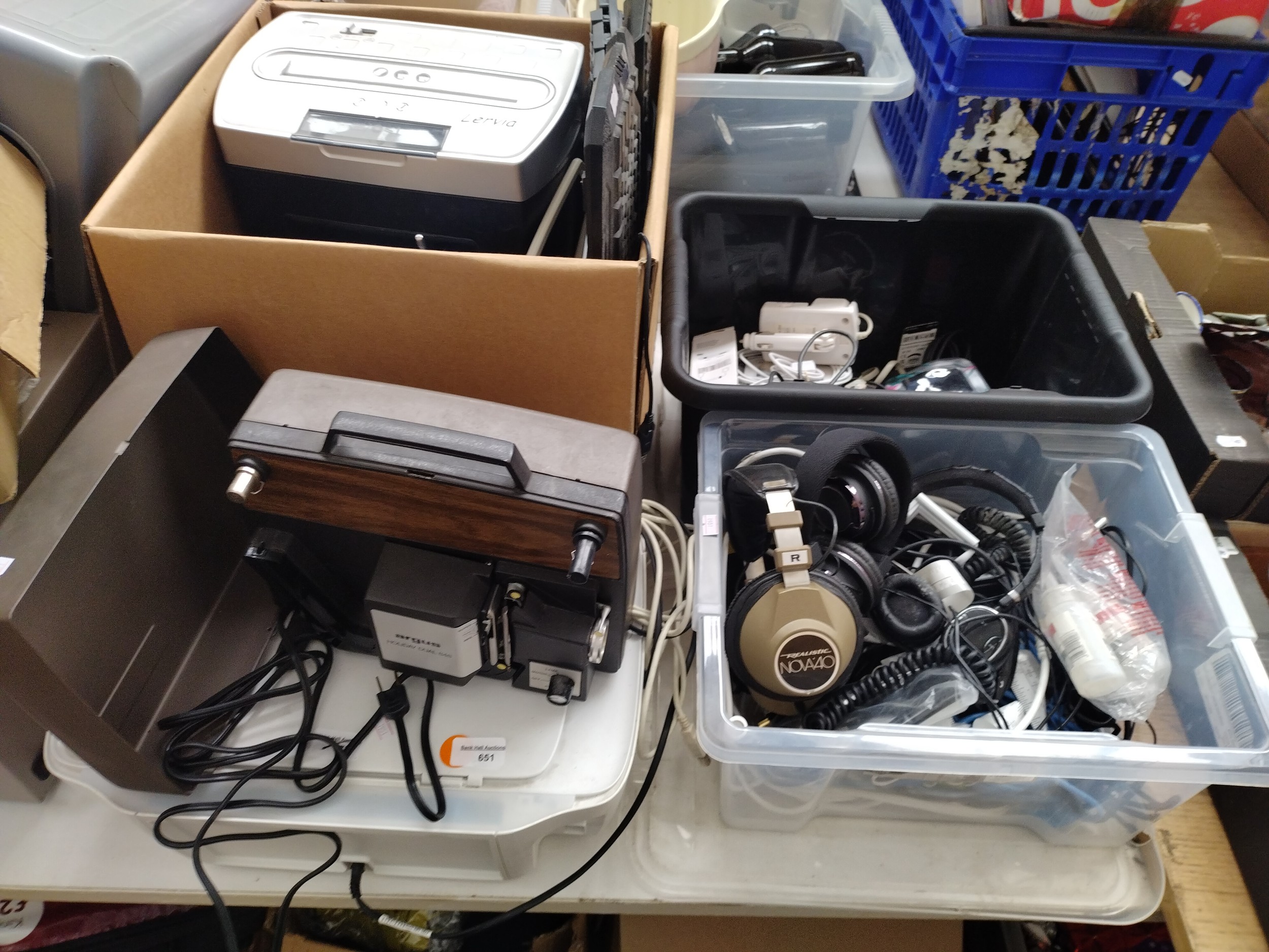 Lot inc paper shredder, assorted cables, headphones, projector, printer, etc