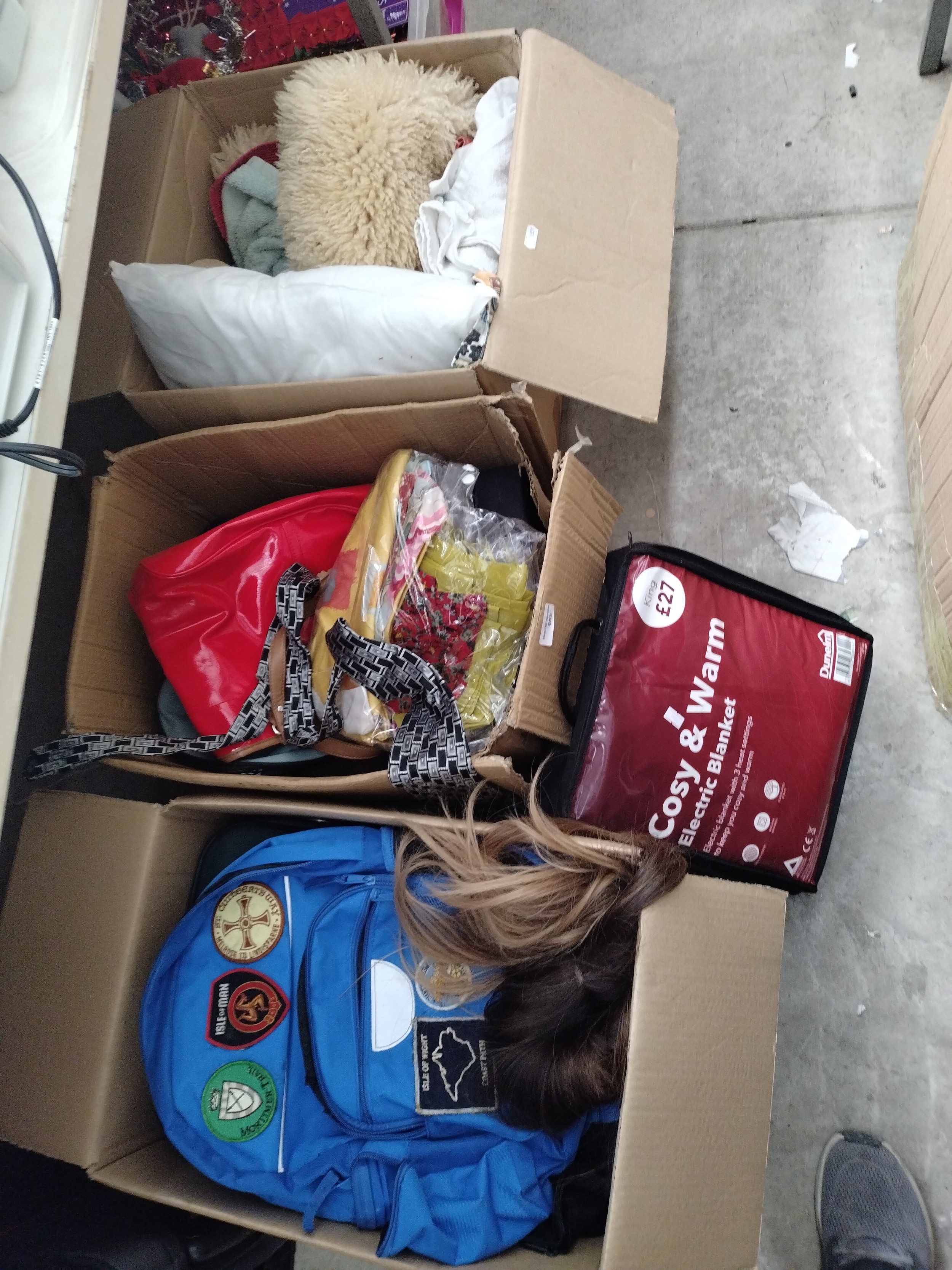 Three boxes inc clothing and home furnishings, etc