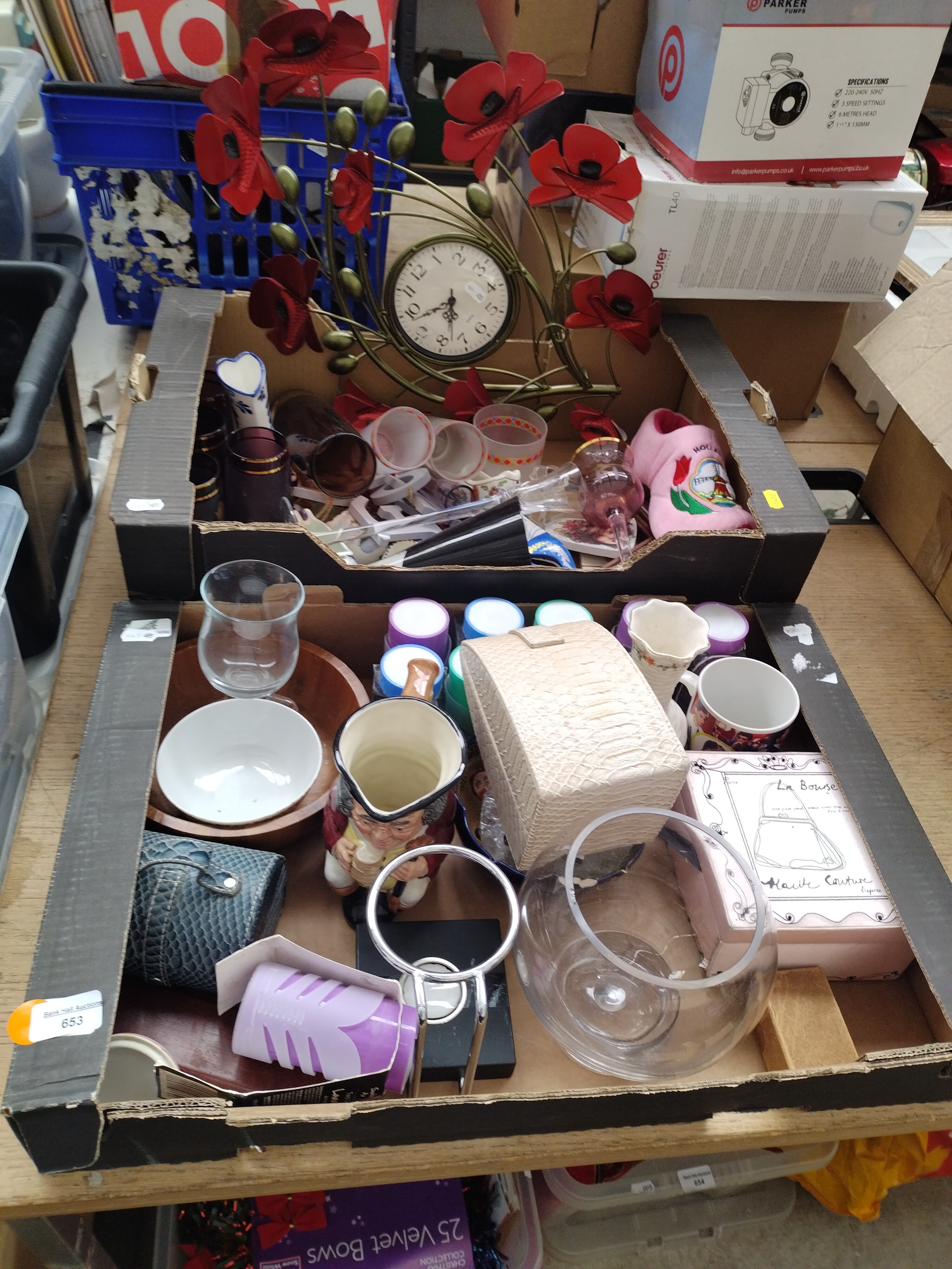 Two boxes inc pottery, glassware, clock, jewellery boxes, etc