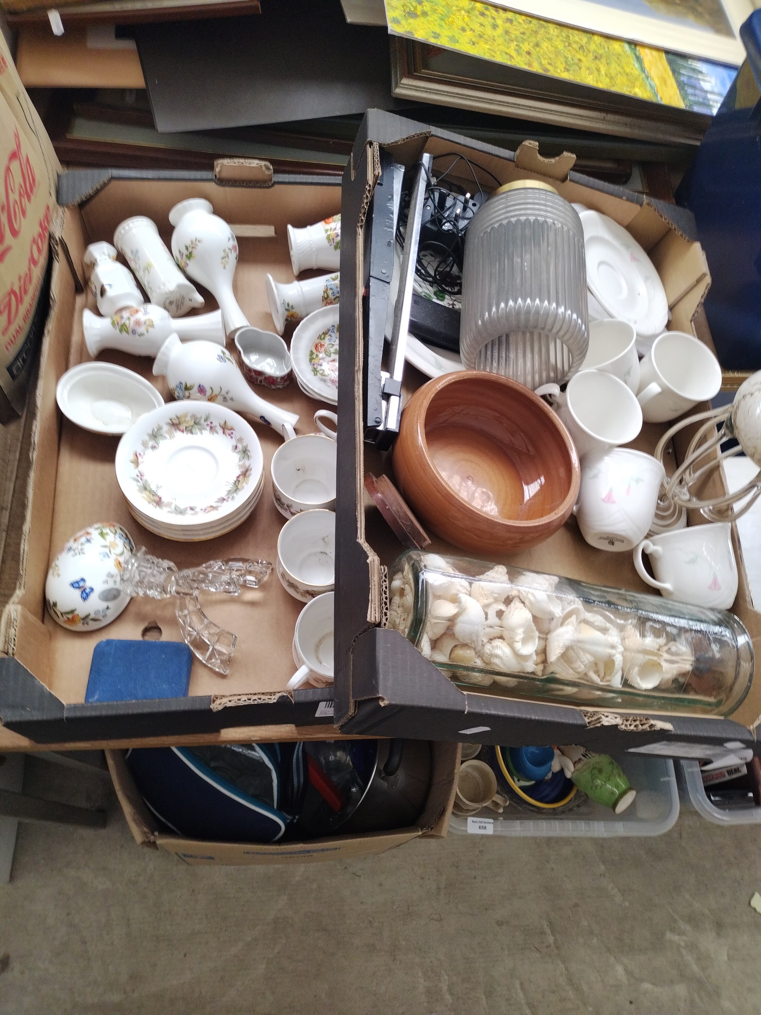 Two boxes inc Aynsley pottery, Royal Doulton cups & saucers, large stapler, etc