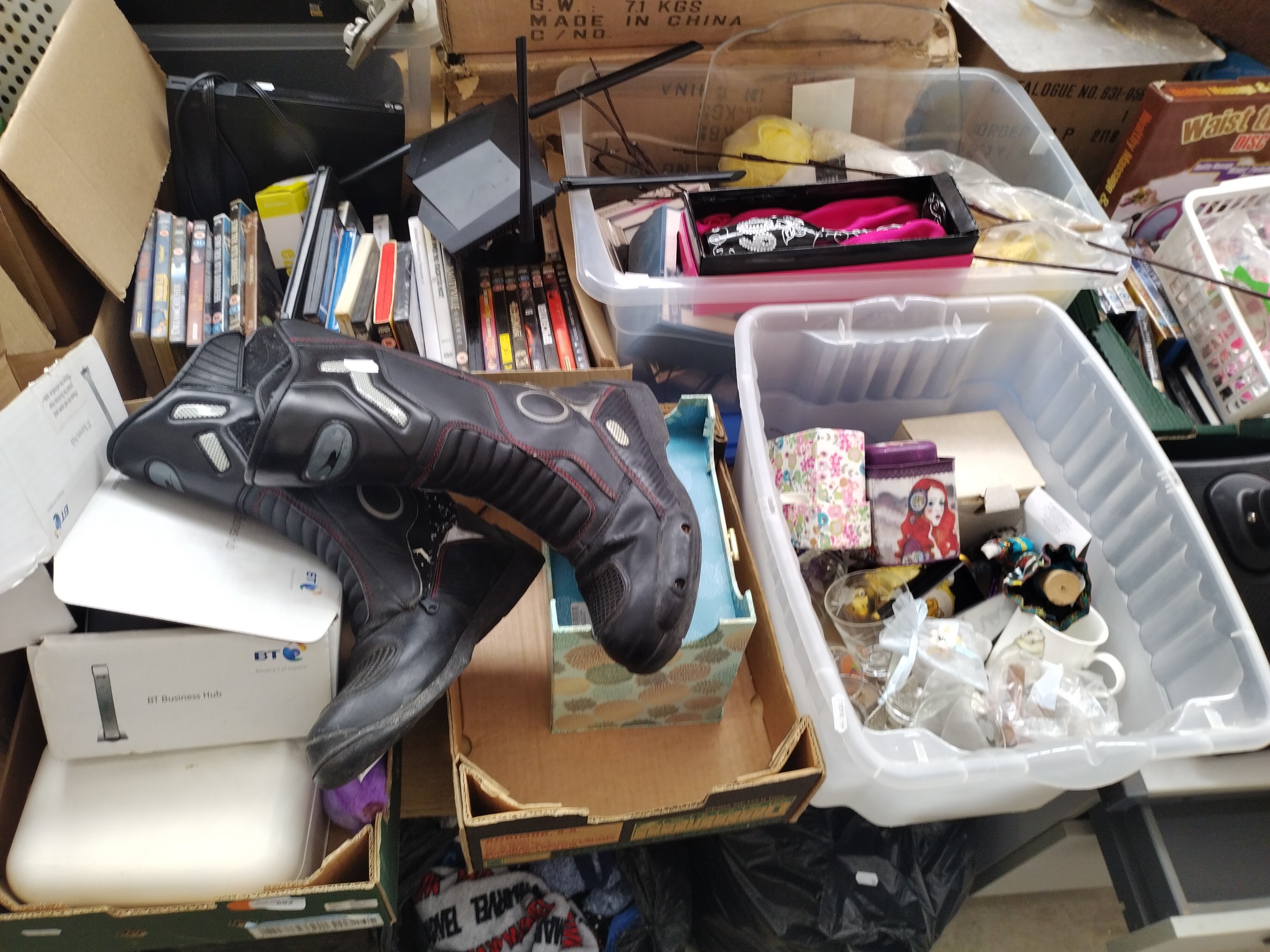 Lot inc motorcycle boots, DVDs, glassware, ornaments, etc