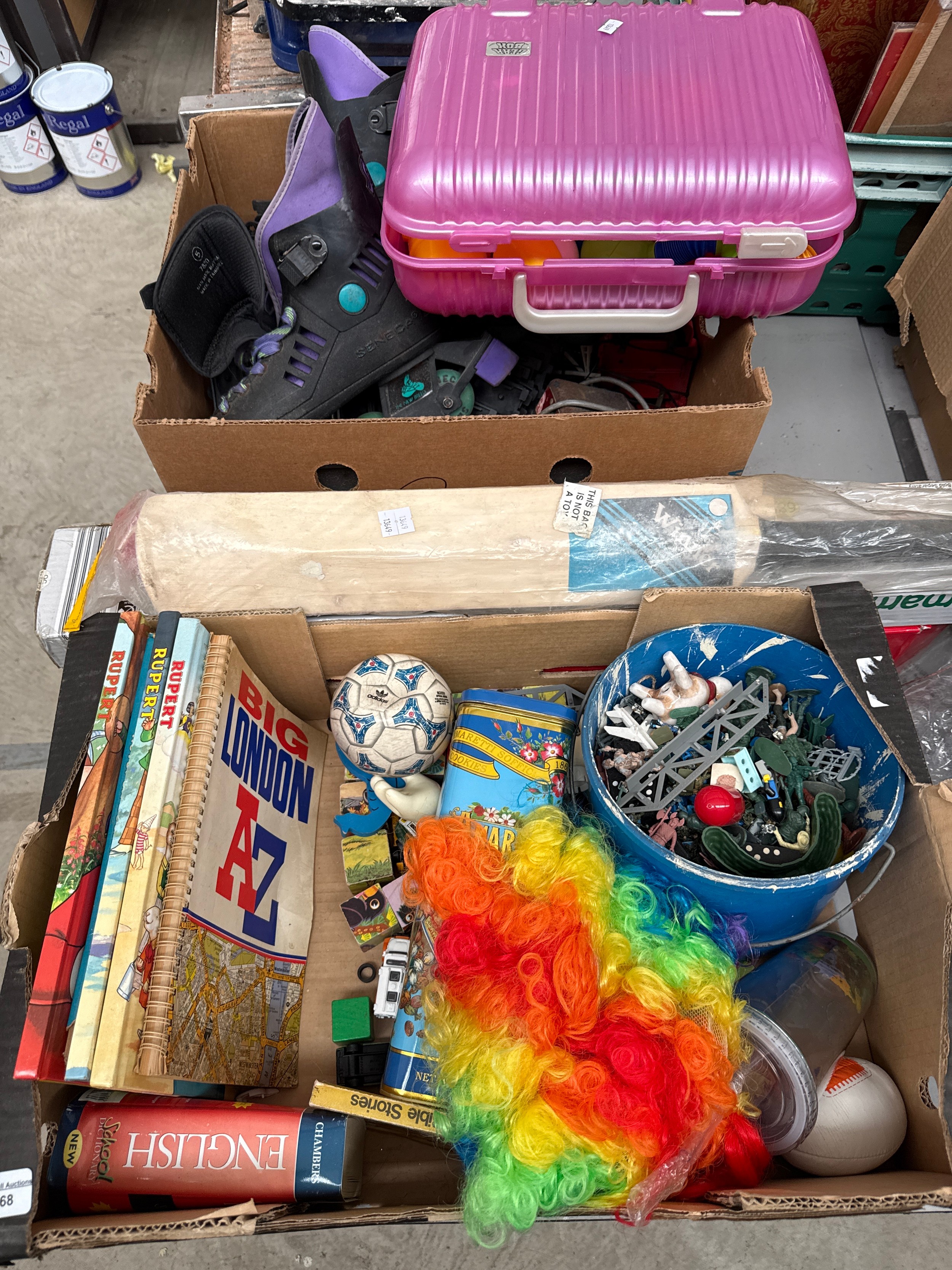 Lot inc books, toys, roller blades, cricket set, etc