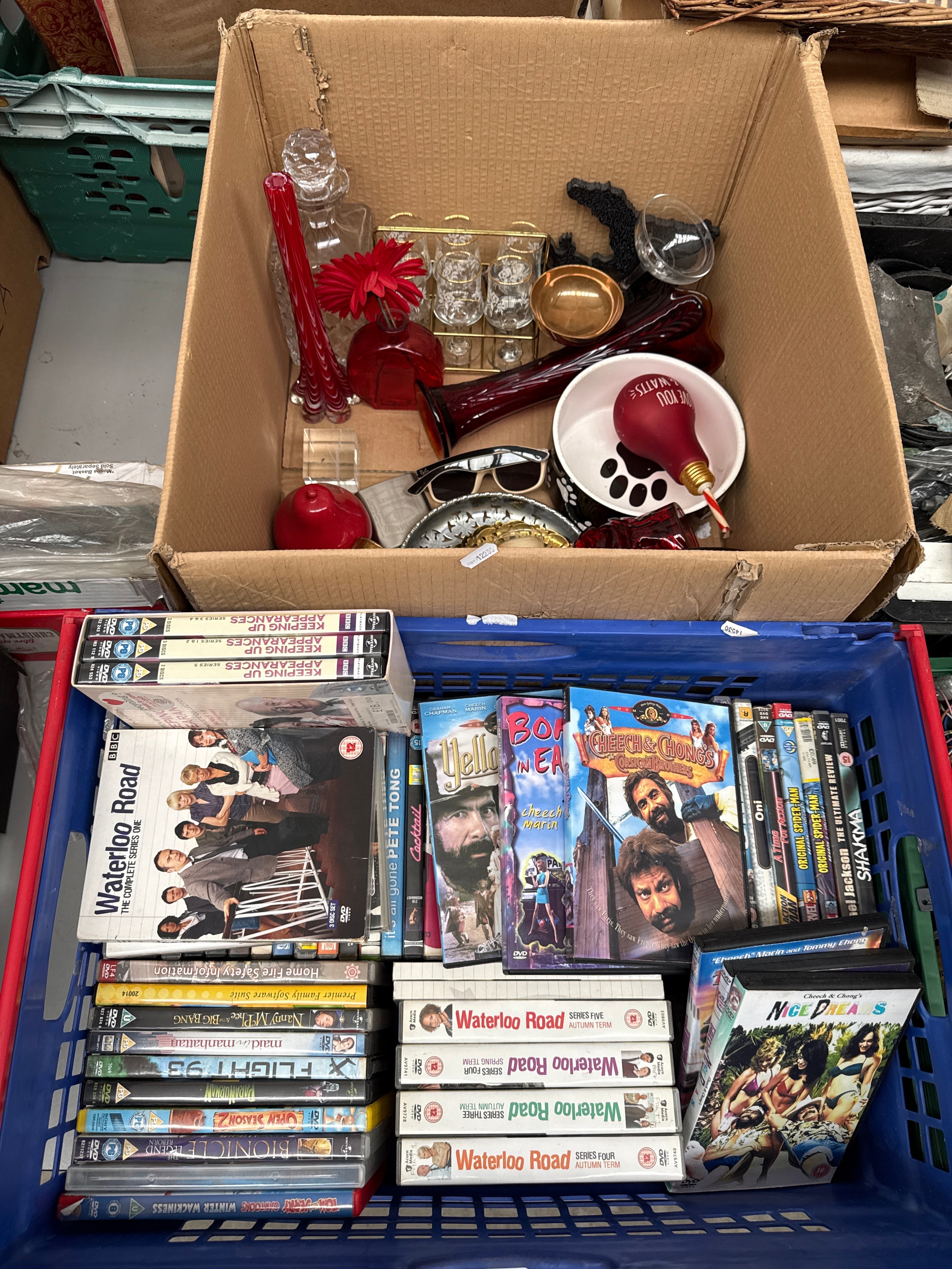 Two boxes inc DVDs, glassware, hip flask, pill box, etc