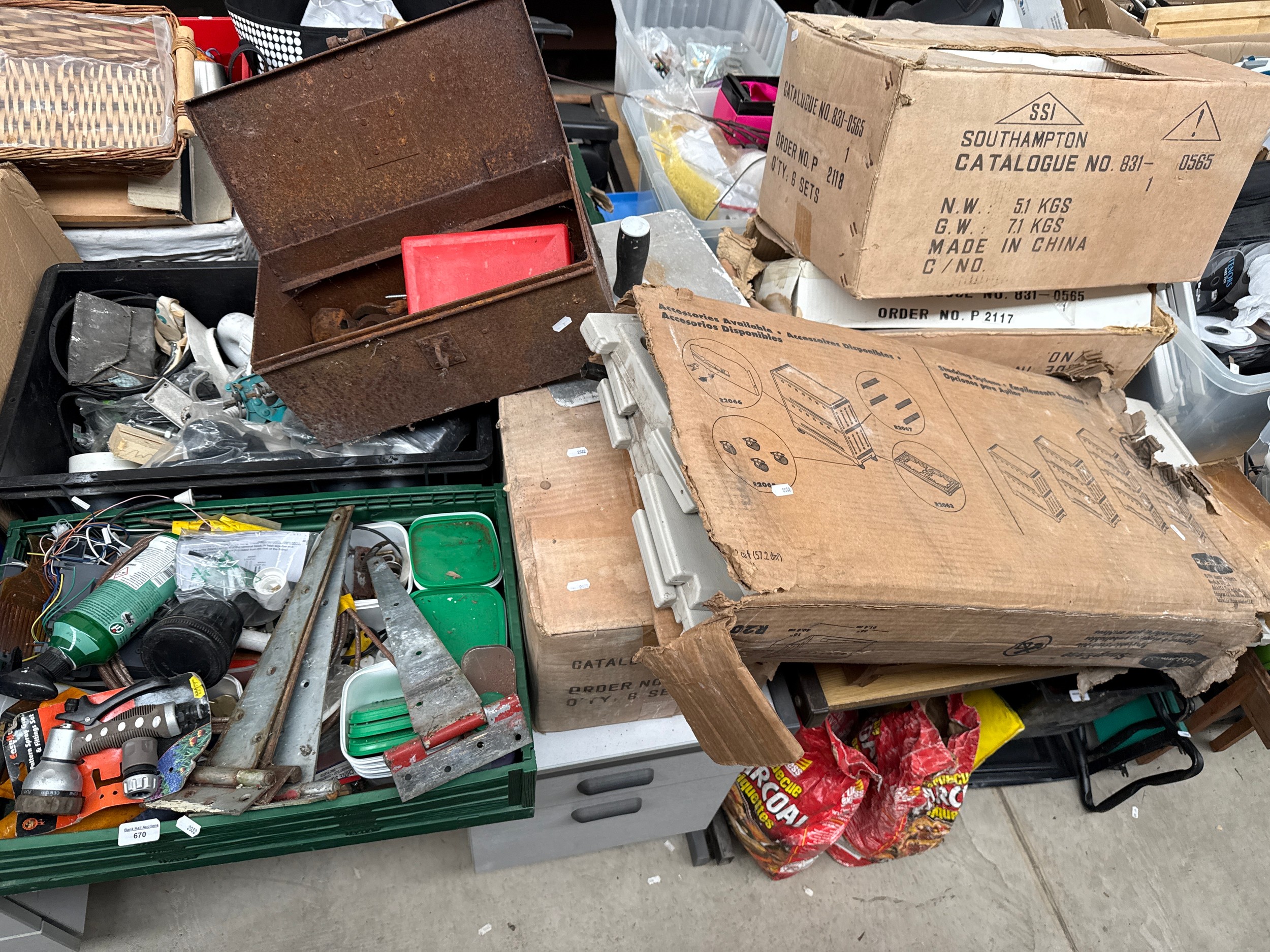 Lot inc tools, hardware, plastic shelving, etc