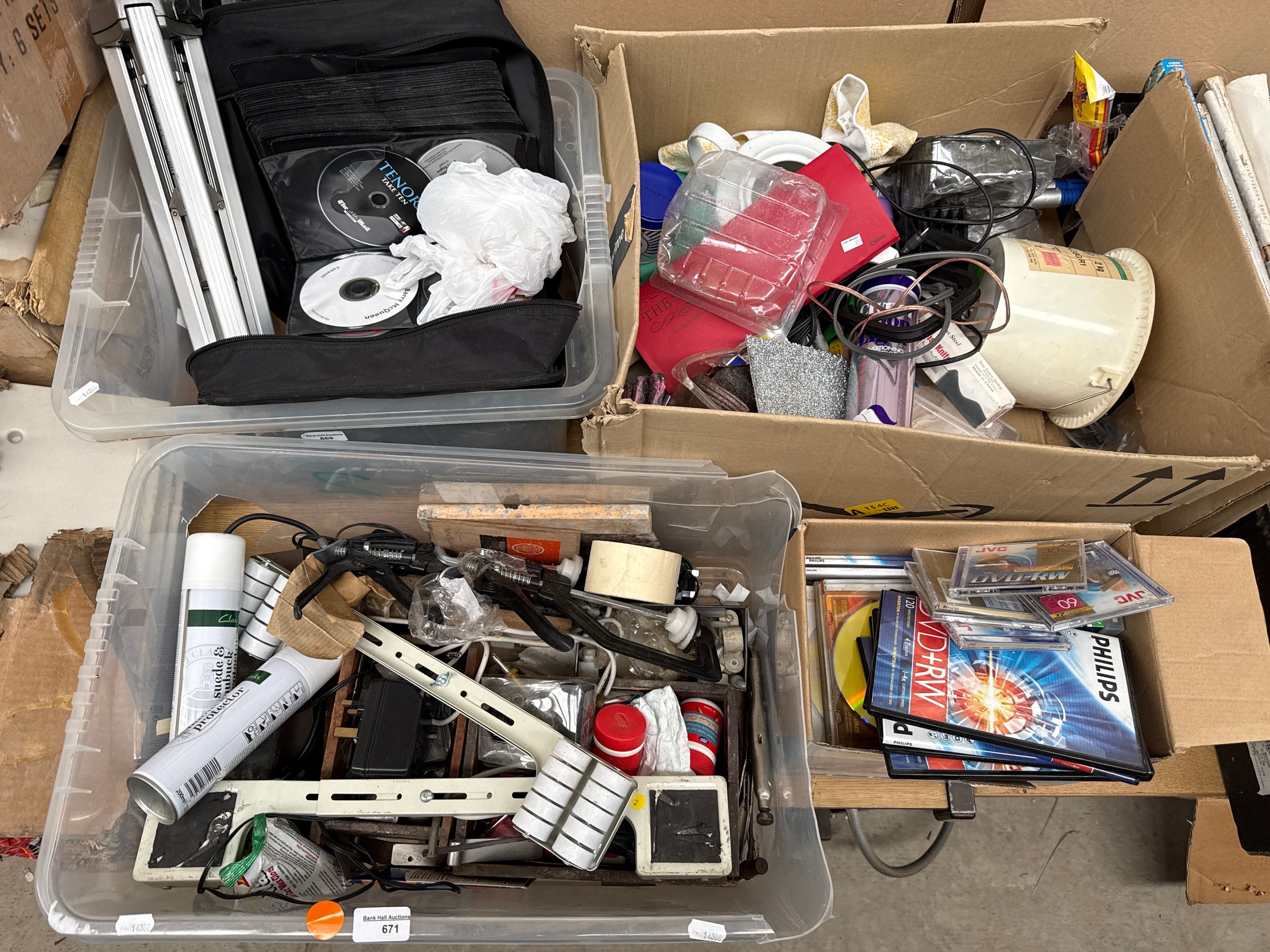 Four boxes inc hardware, CDs, tripod stand, tools, etc