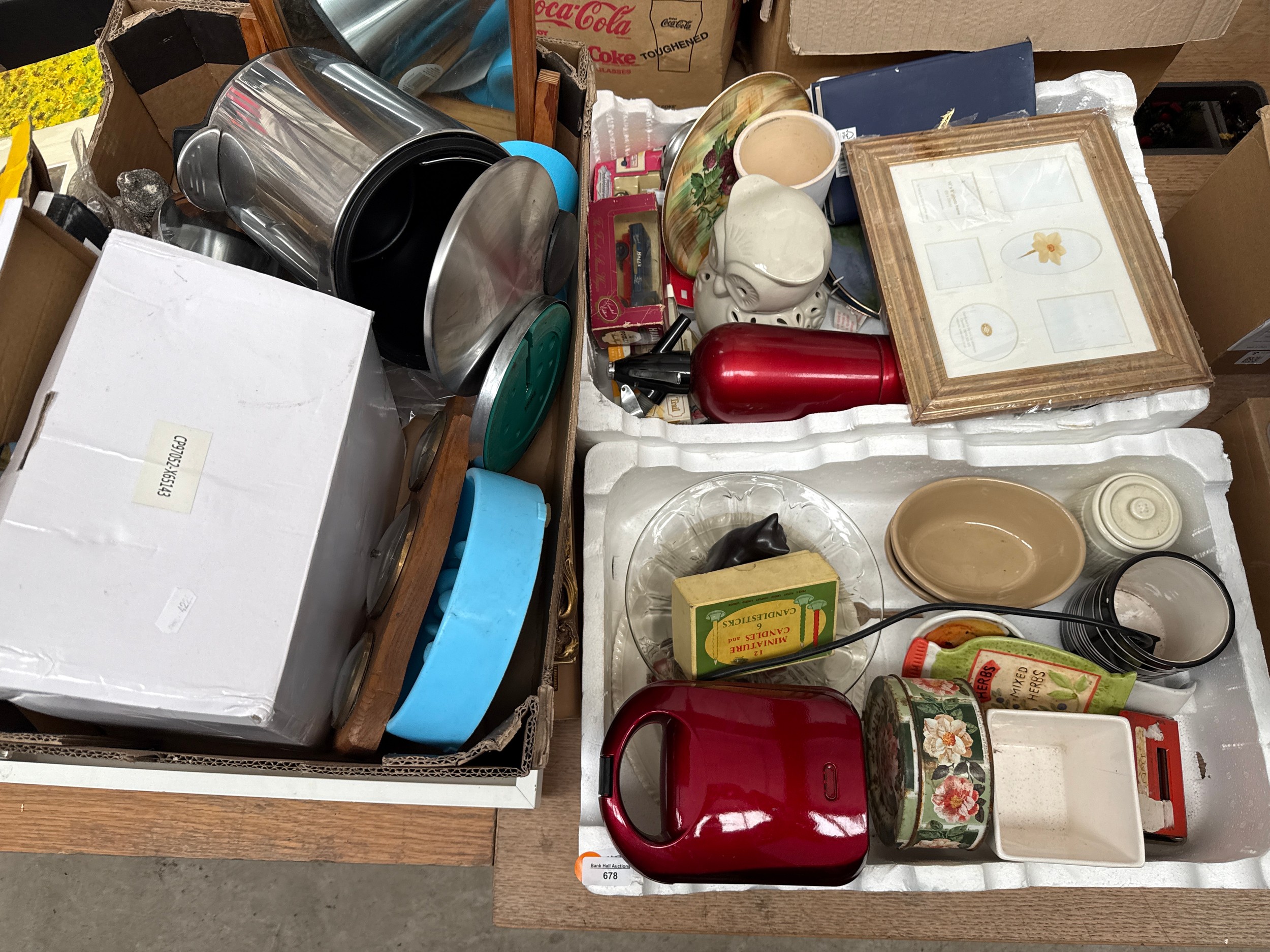 Three boxes inc soda syphon, owl candle holder, packaged model cars