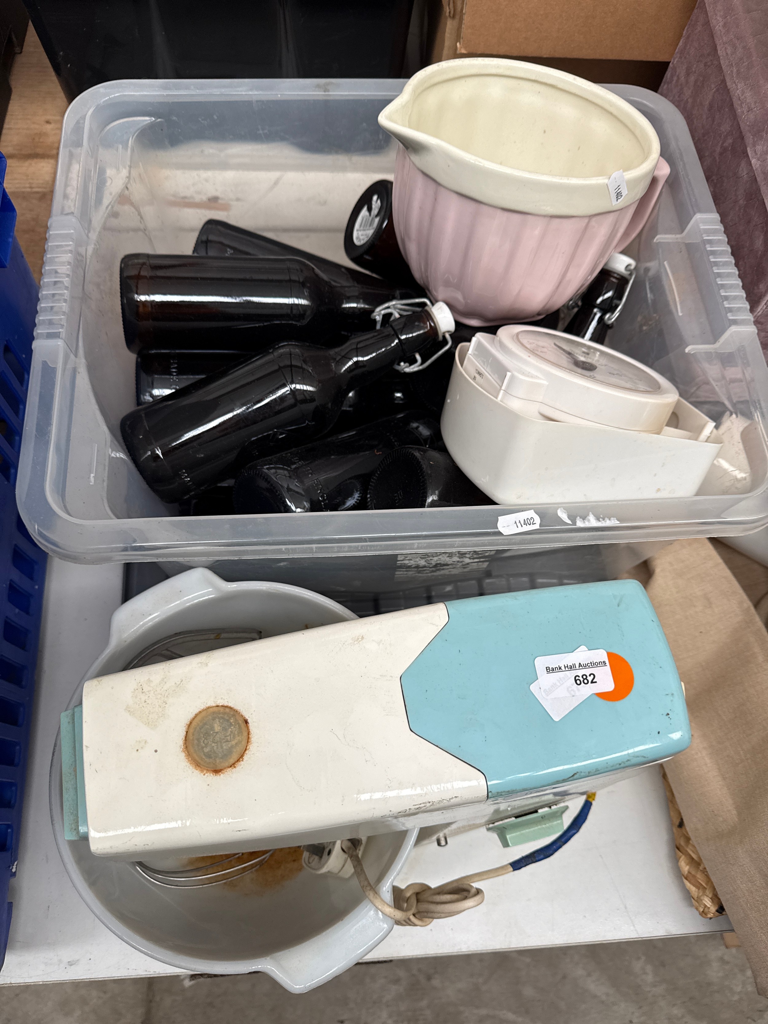 Lot inc Kenwood Chef mixer, ceramic jug, glass bottles, etc