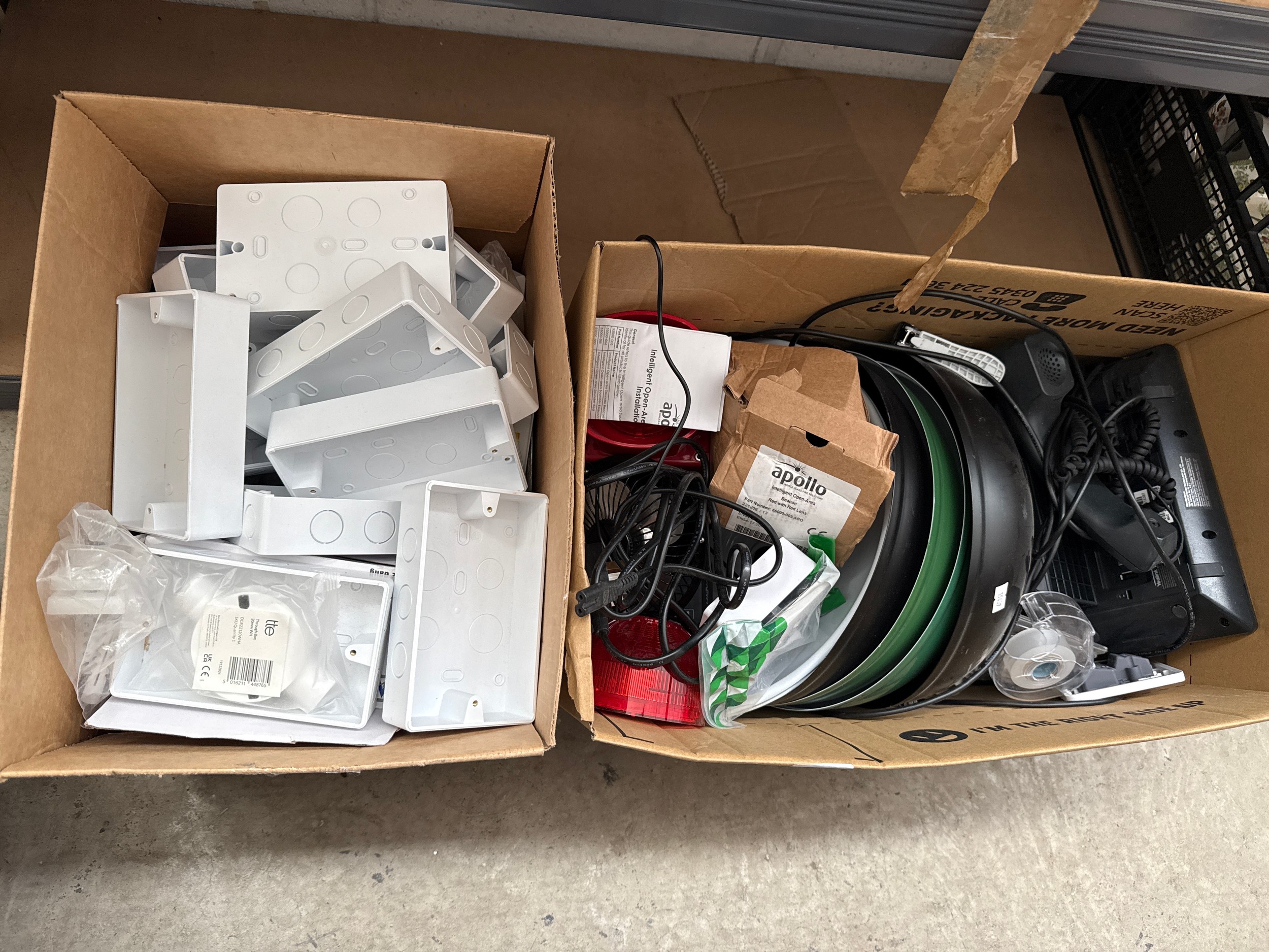 Two boxes inc lamp shades, wall sockets, etc