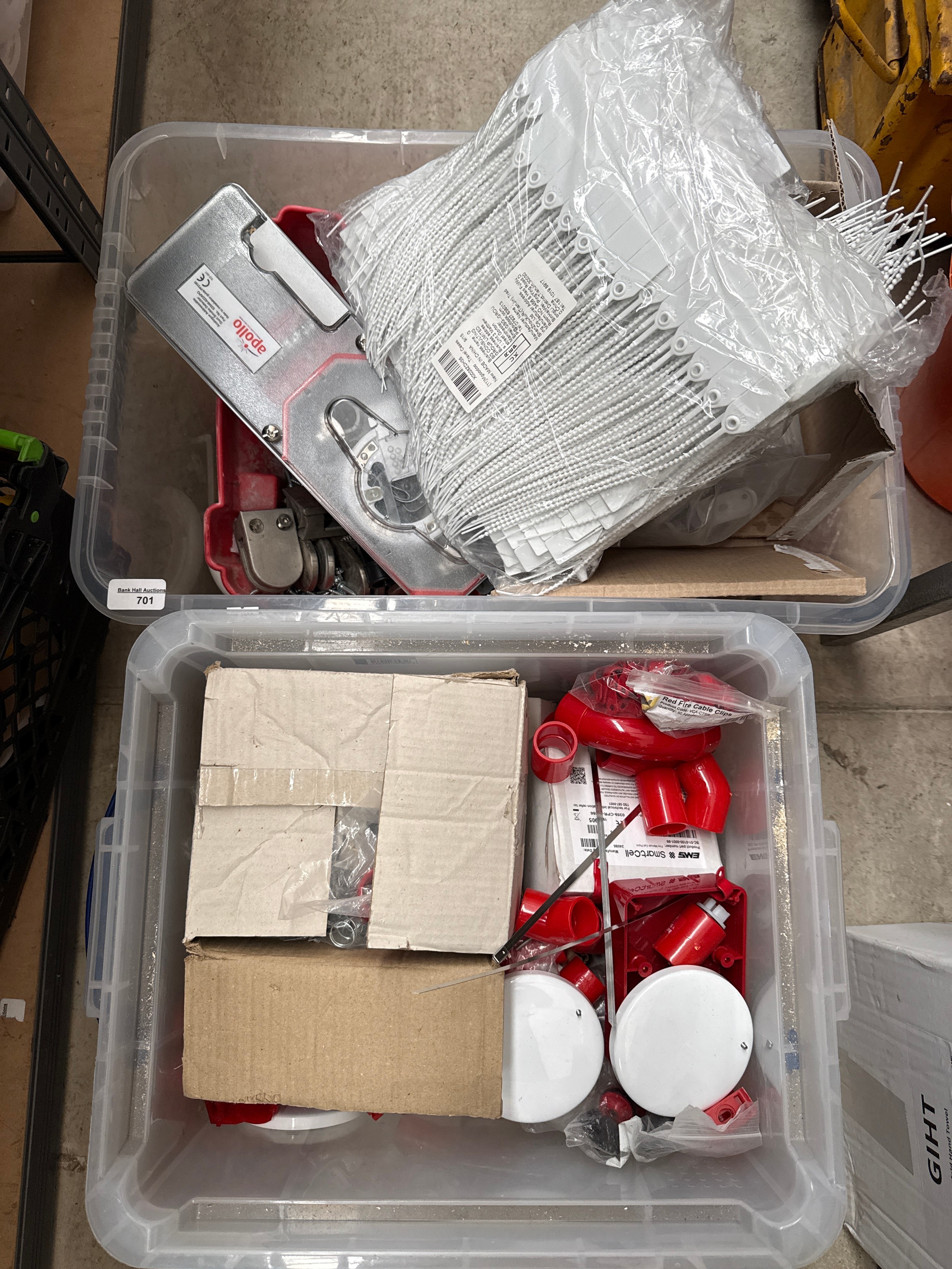 Two boxes inc fire safety hardware, etc