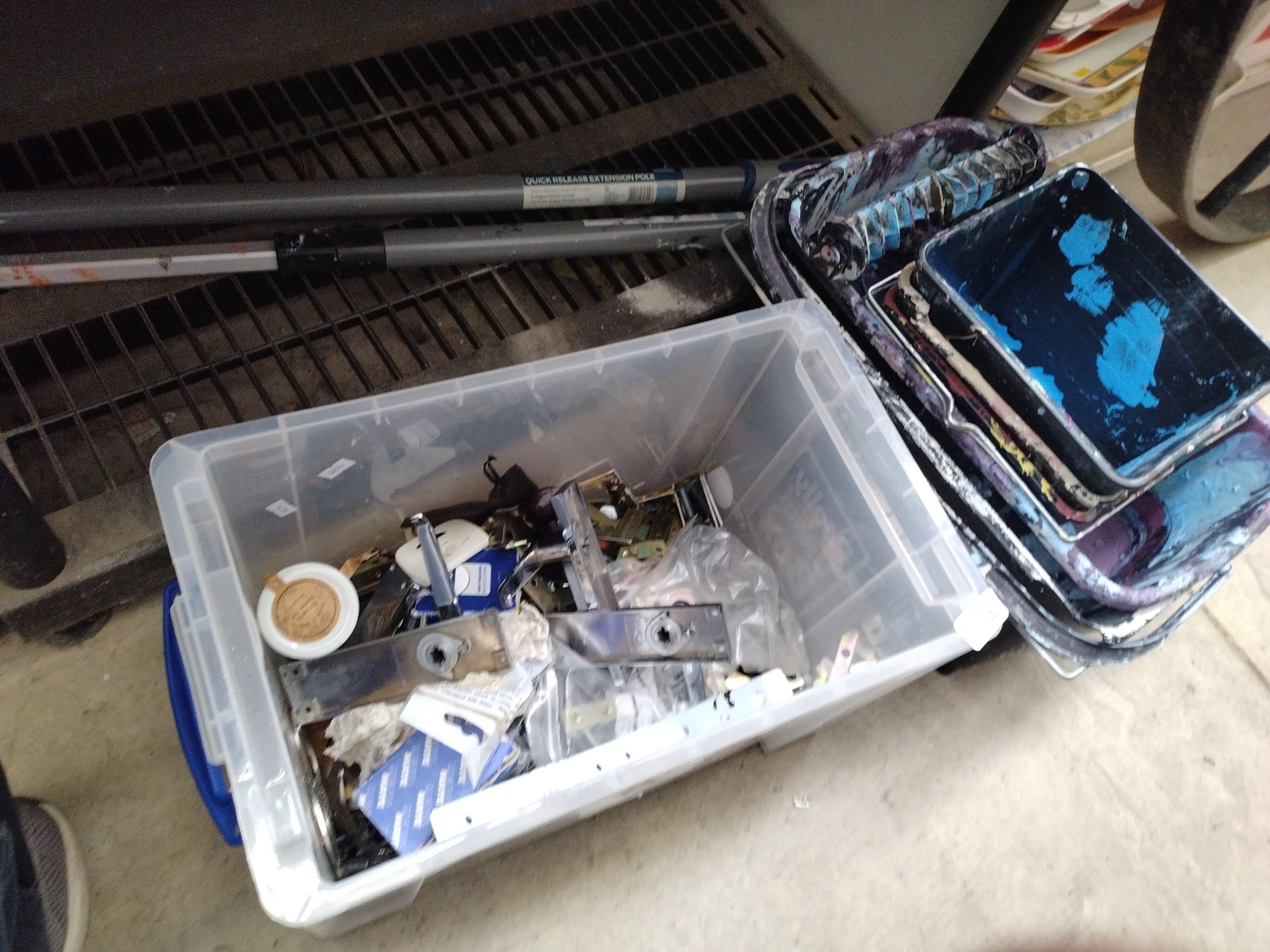 Box of hardware and paint pots