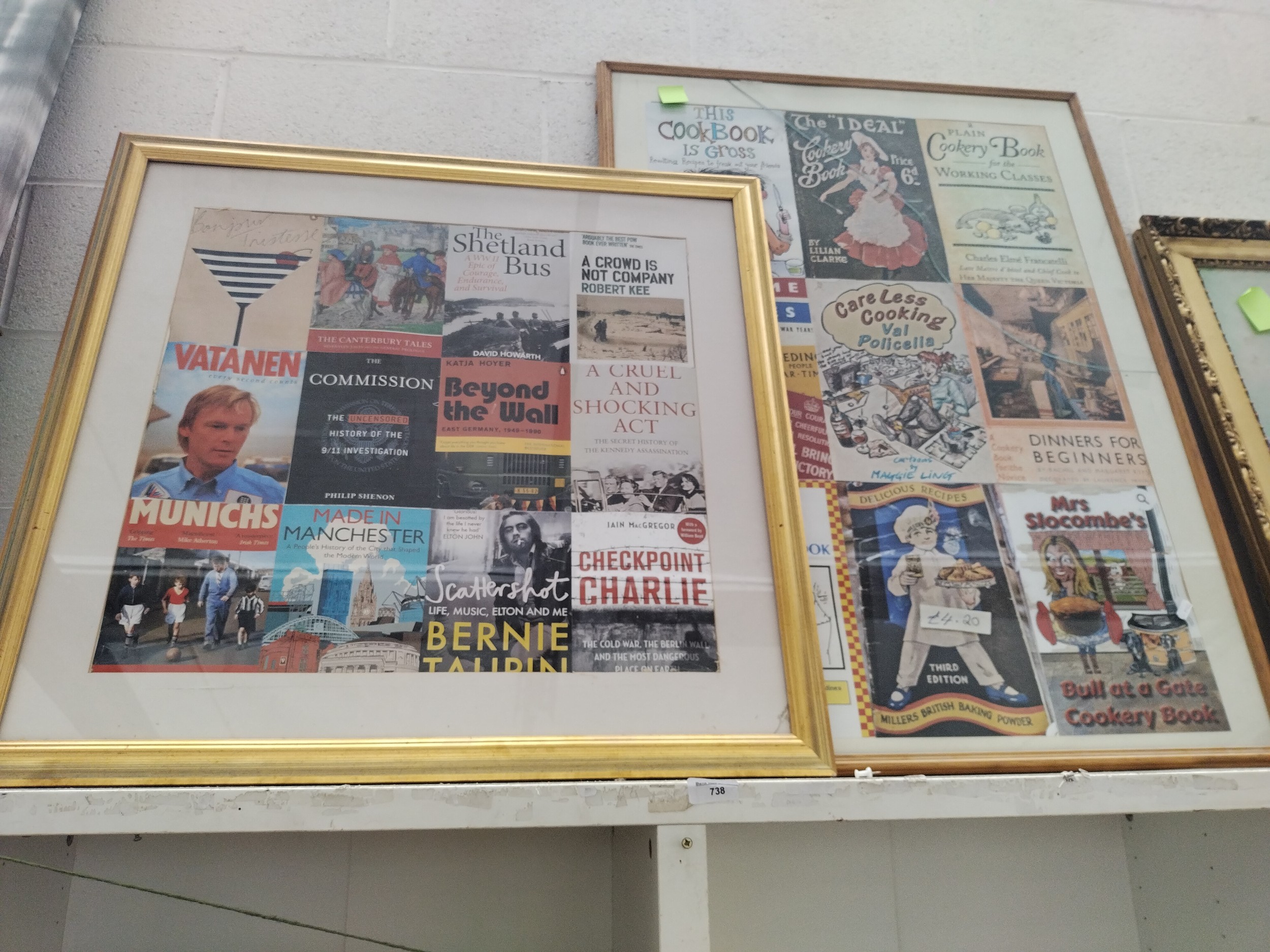 Two sets of framed magazines and book covers