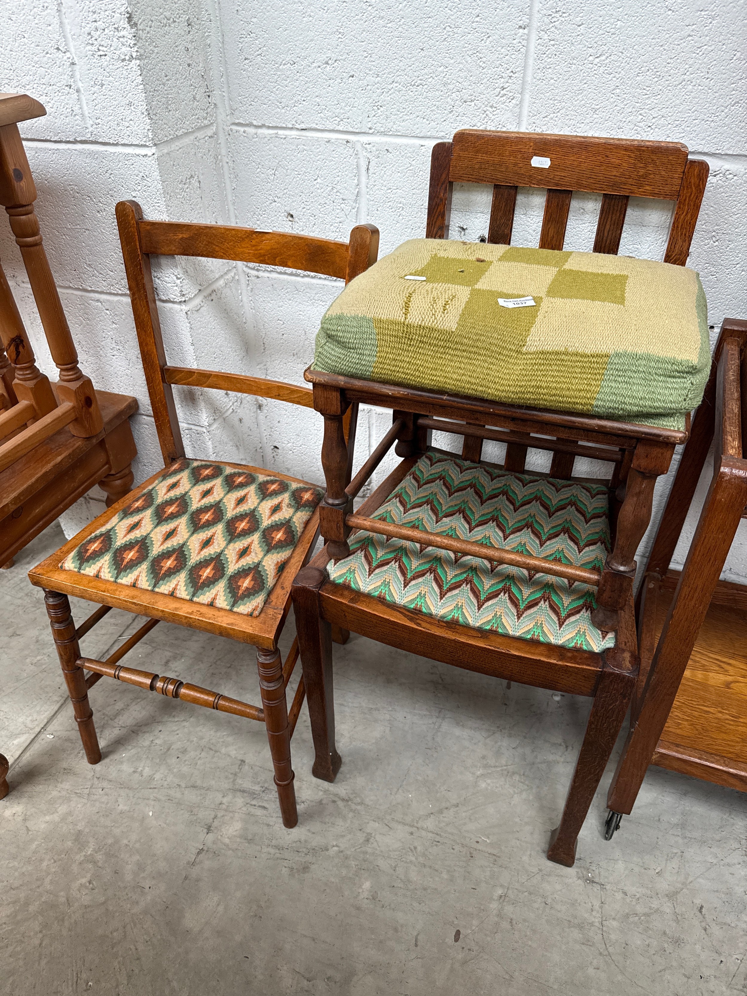 2 x vintage chairs and a vintage upholstered stool