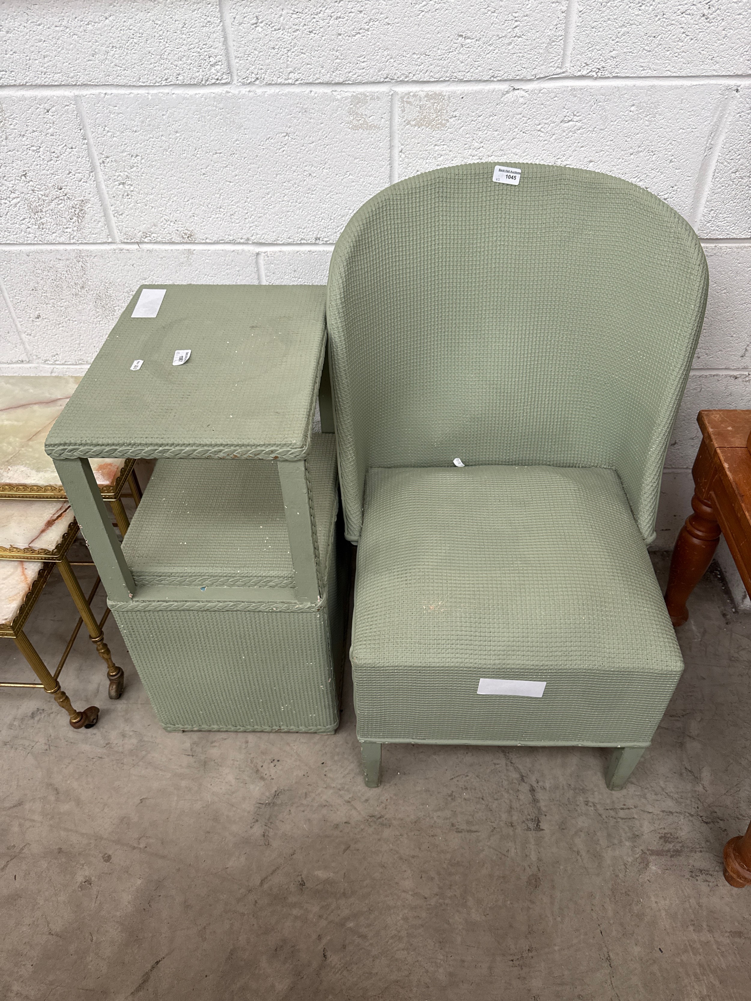A painted vintage bathroom chair and a matching linen box stand