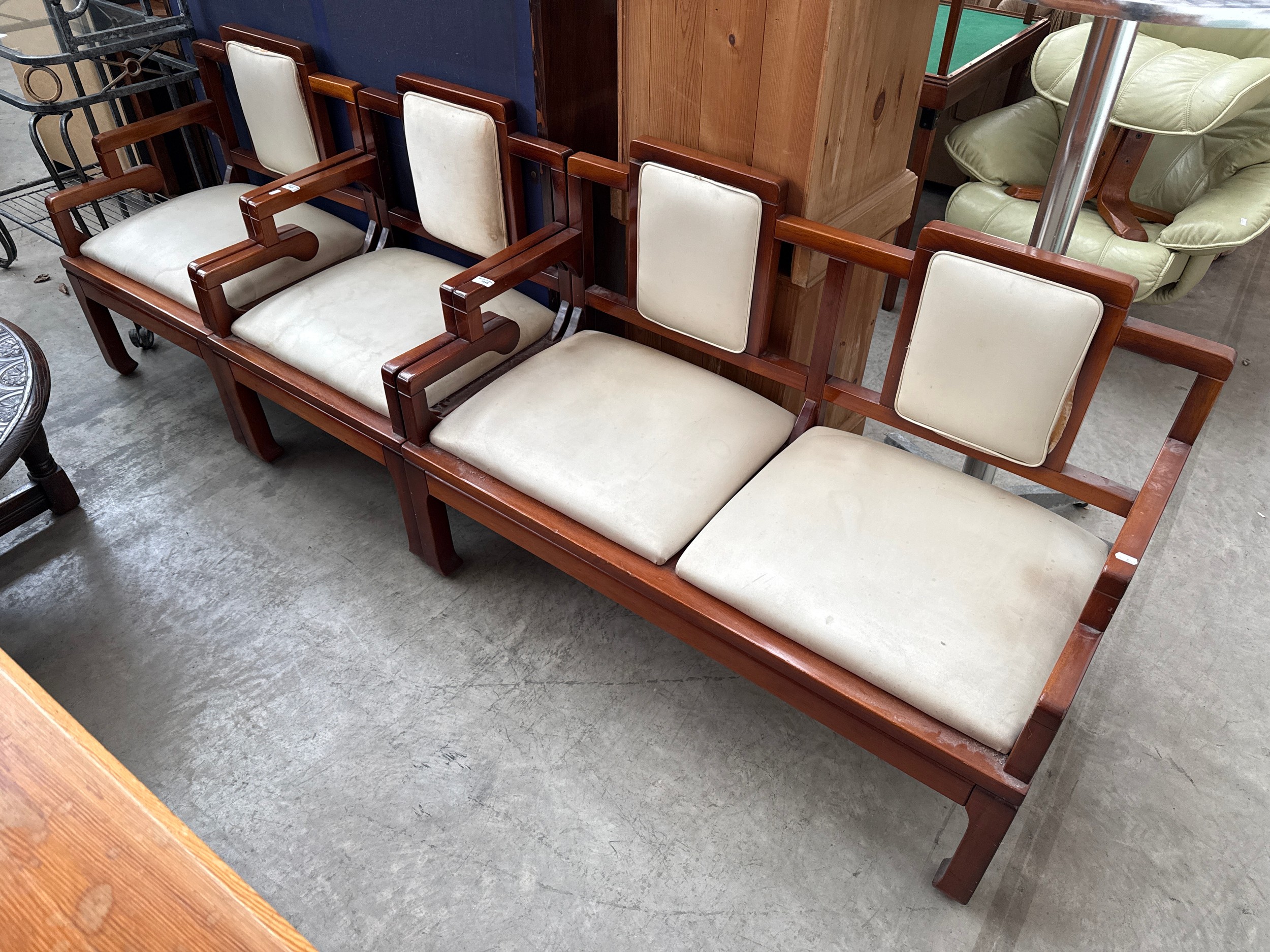 A hardwood framed 2 seater sofa and 2 x matching armchairs
