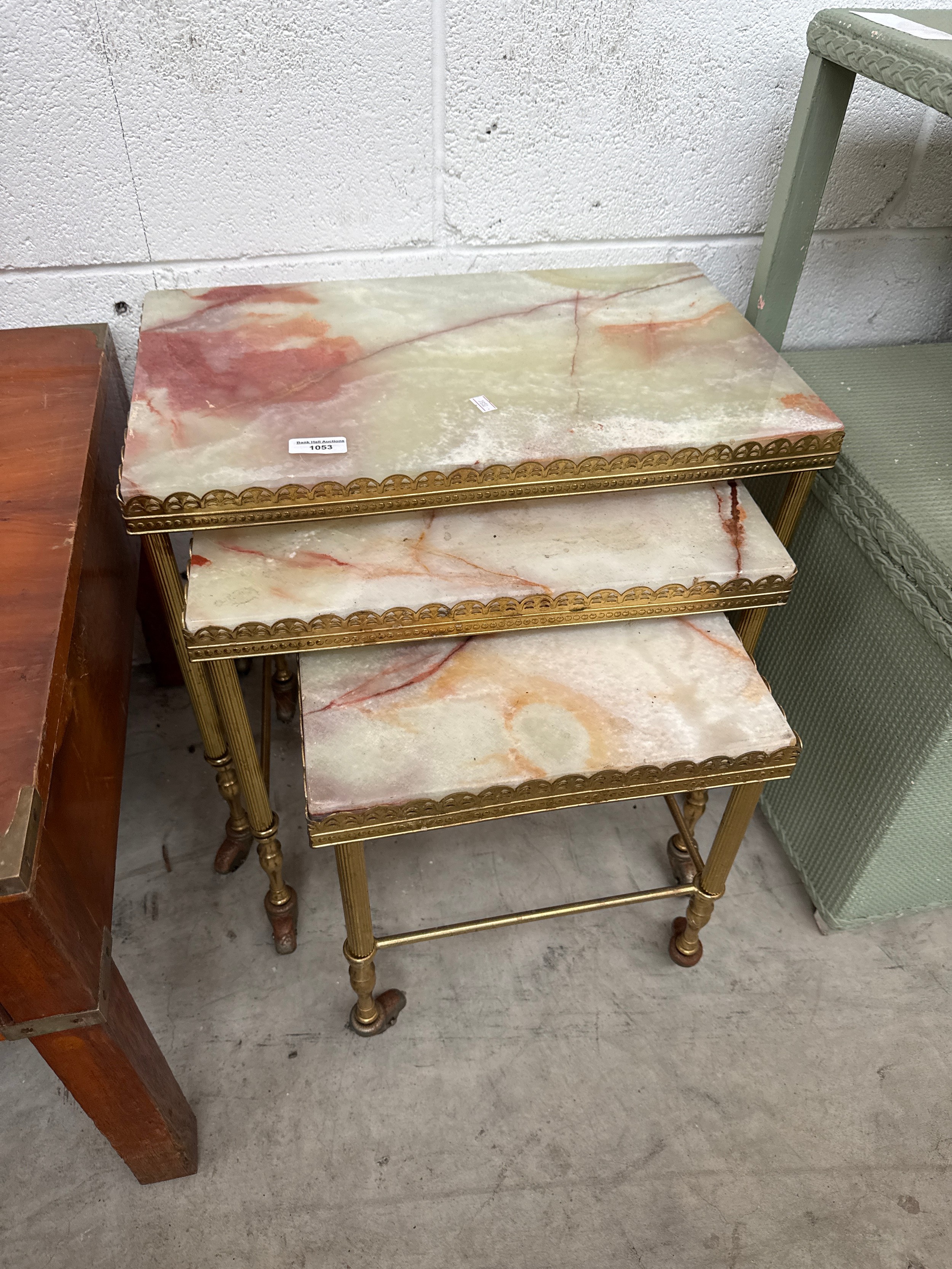 A nest of 3 x vintage gilt framed, onyx topped occasional tables