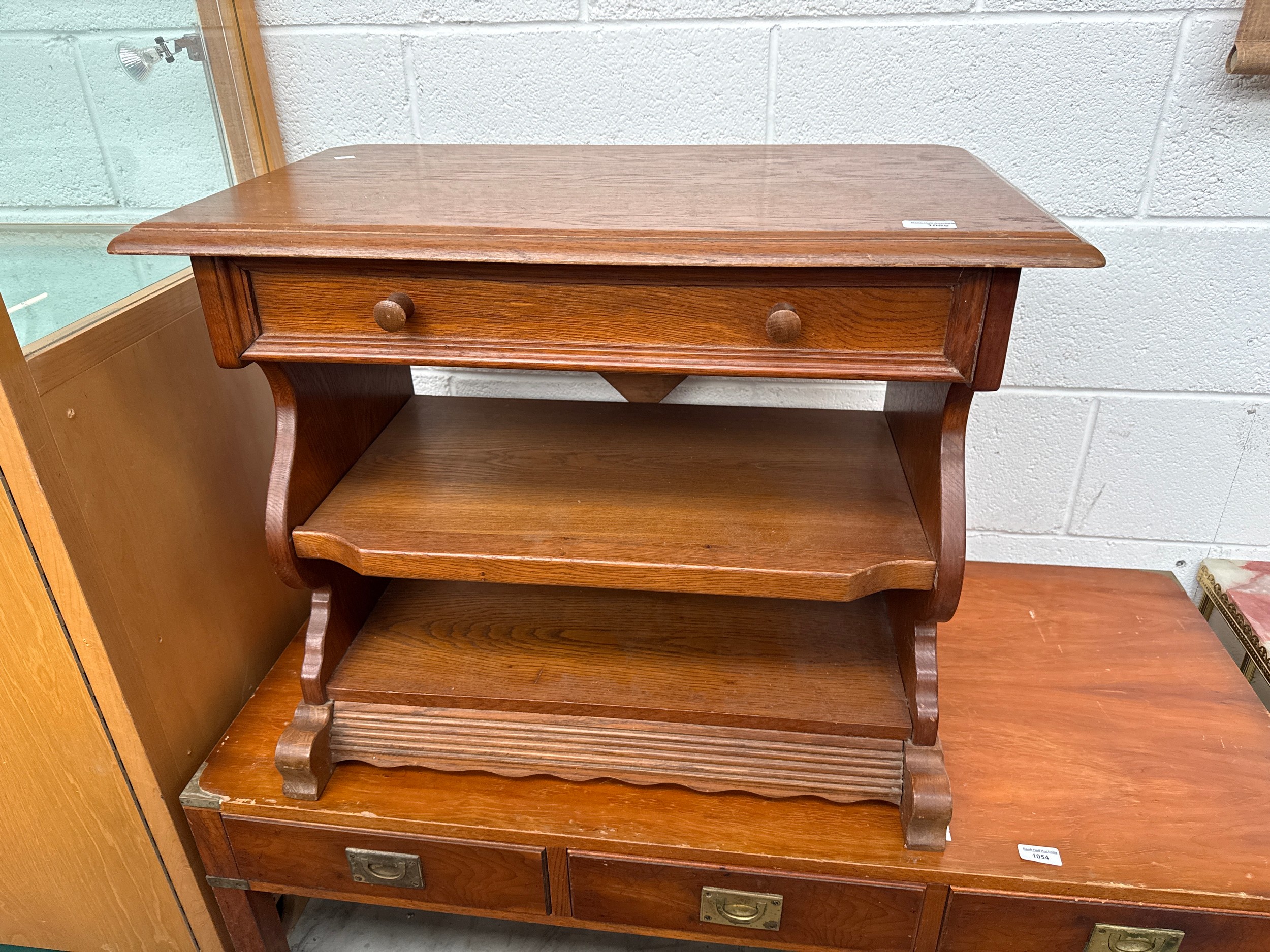 A small vintage oak 3 tier table stand with drawer and rear corner drop leaf