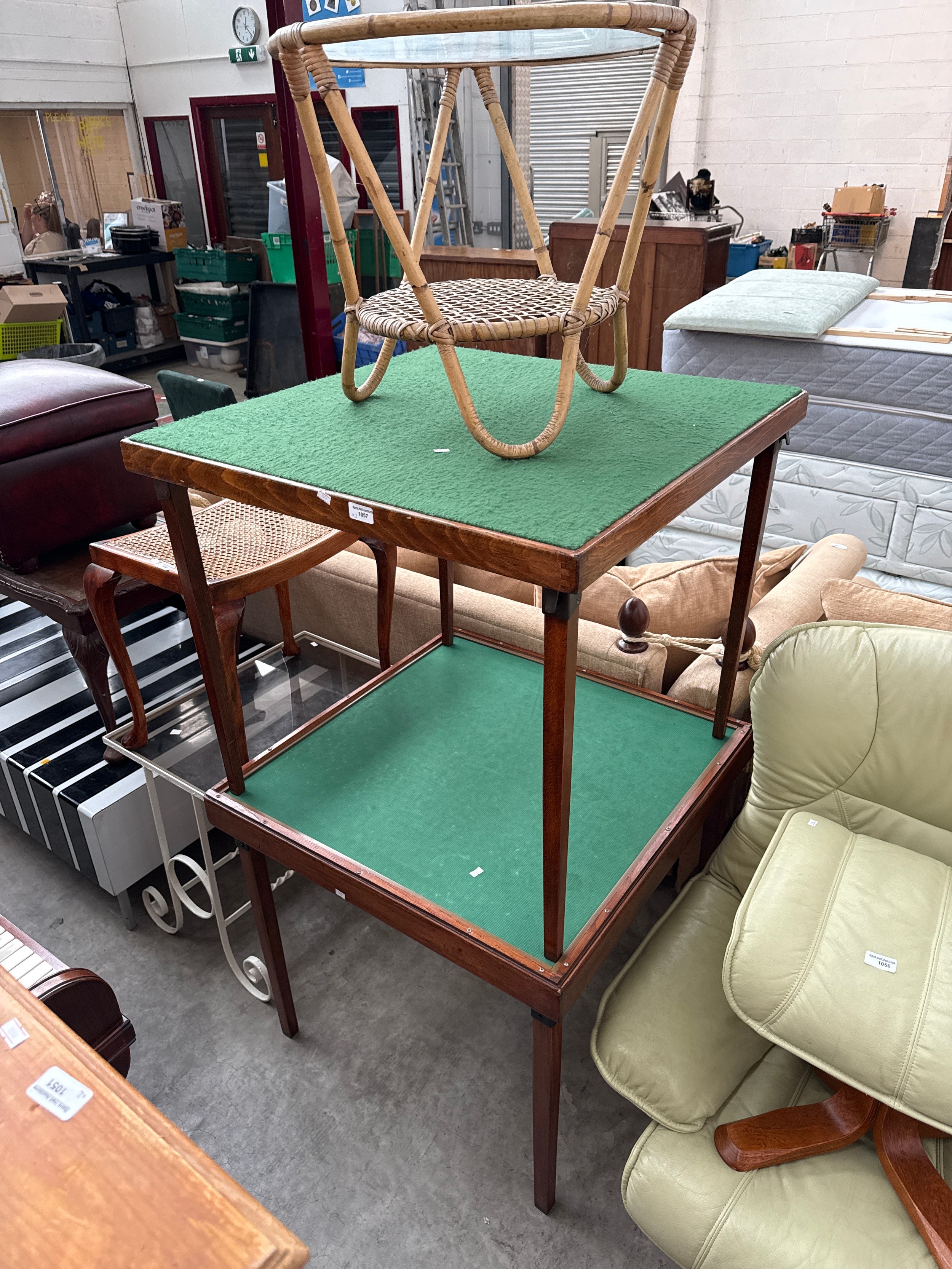 2 x vintage square folding card tables and a small cane framed glass top table