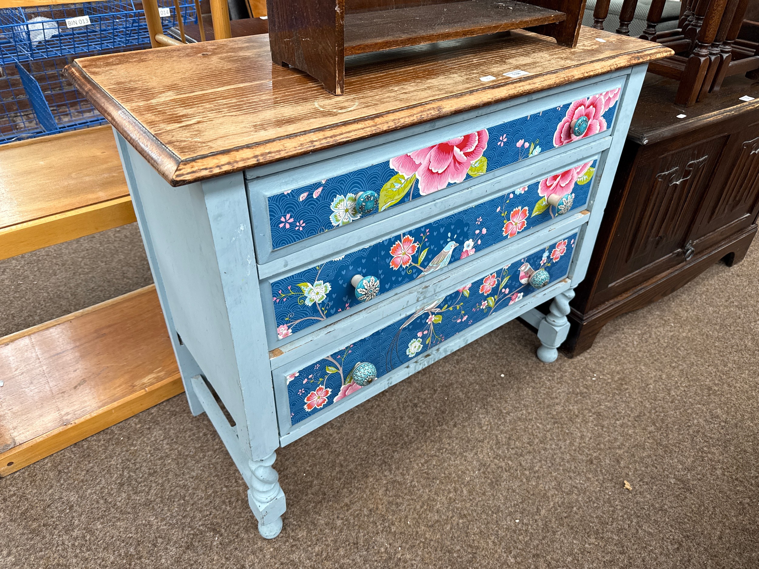 A vintage oak 3 drawer Barley Twist legged chest with painted/floral drawer