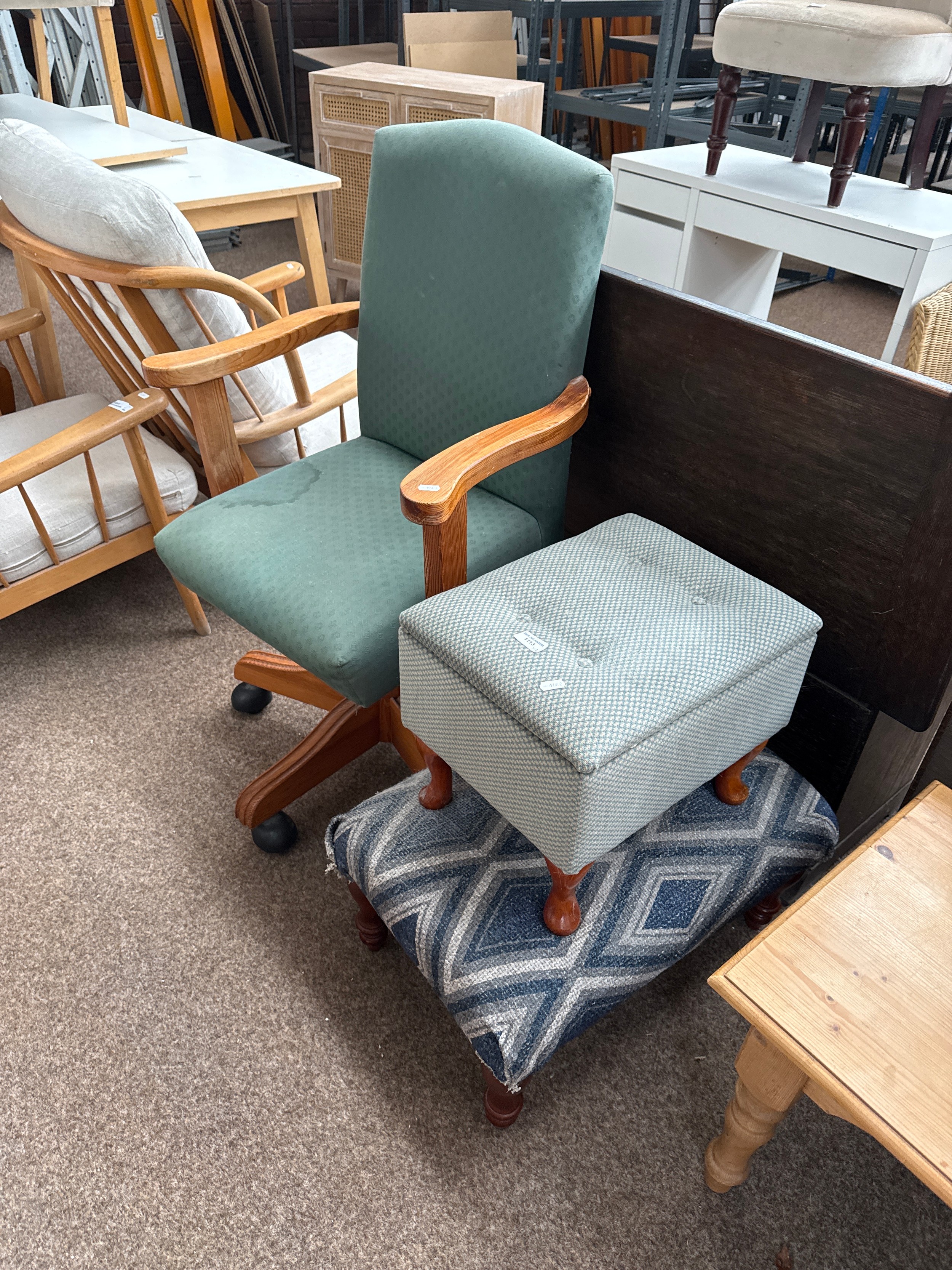 A vintage pine framed swivel office chair (for cleaning) and 2 x small vintage