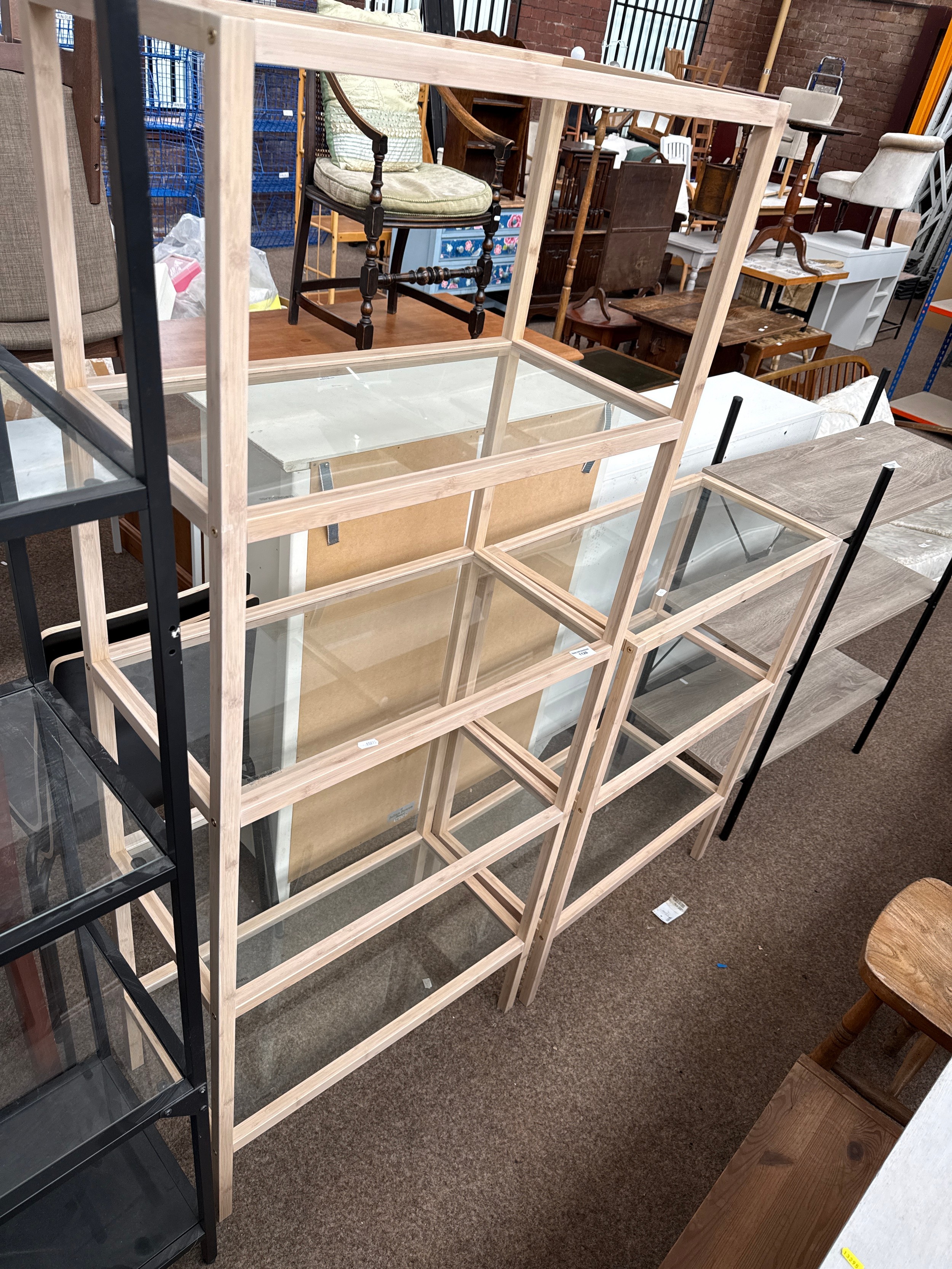 2 x modern glass shelf stands in wooden frames