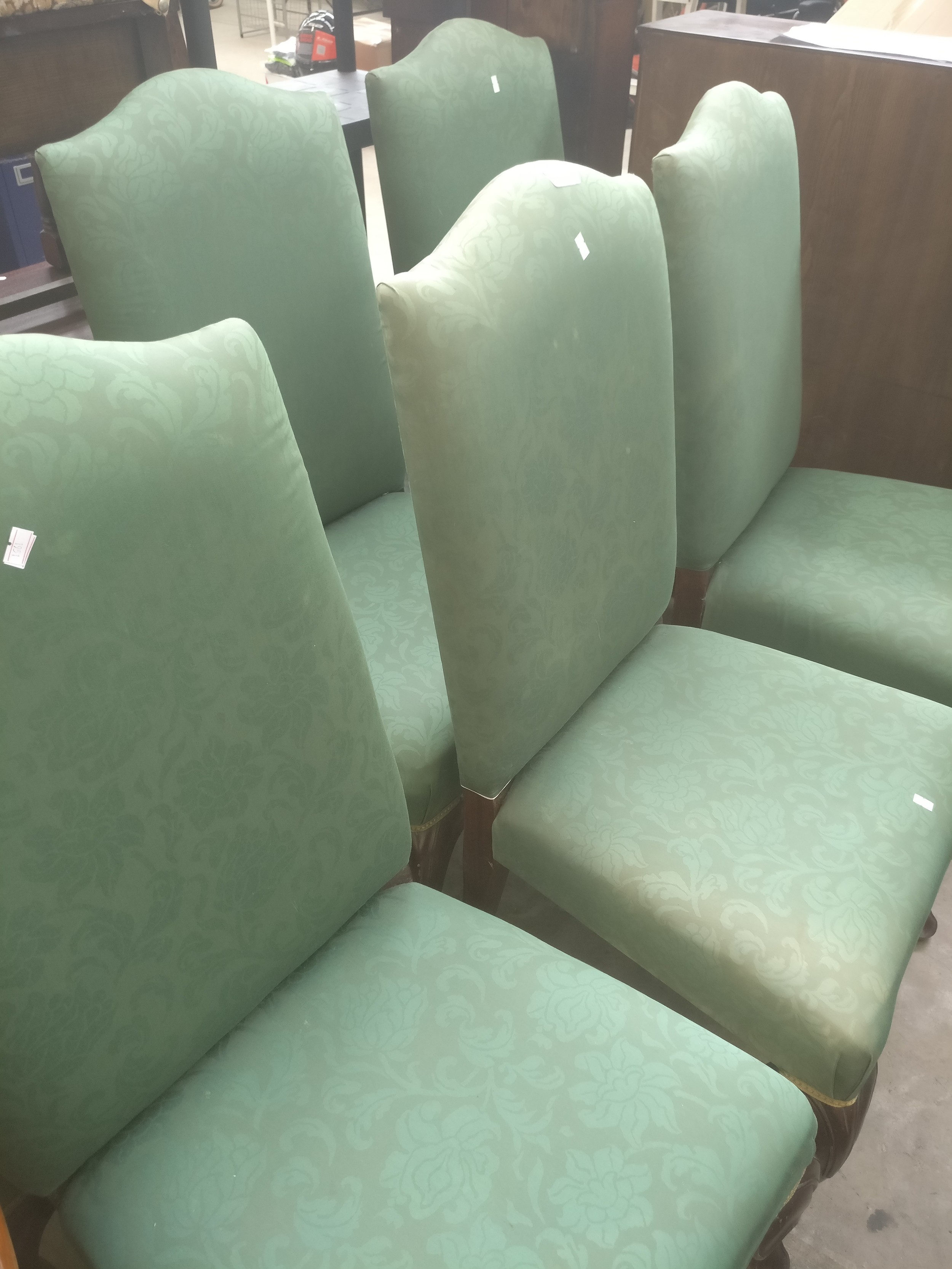 A set of 6 x vintage upholstered dining chairs with carved mahogany legs