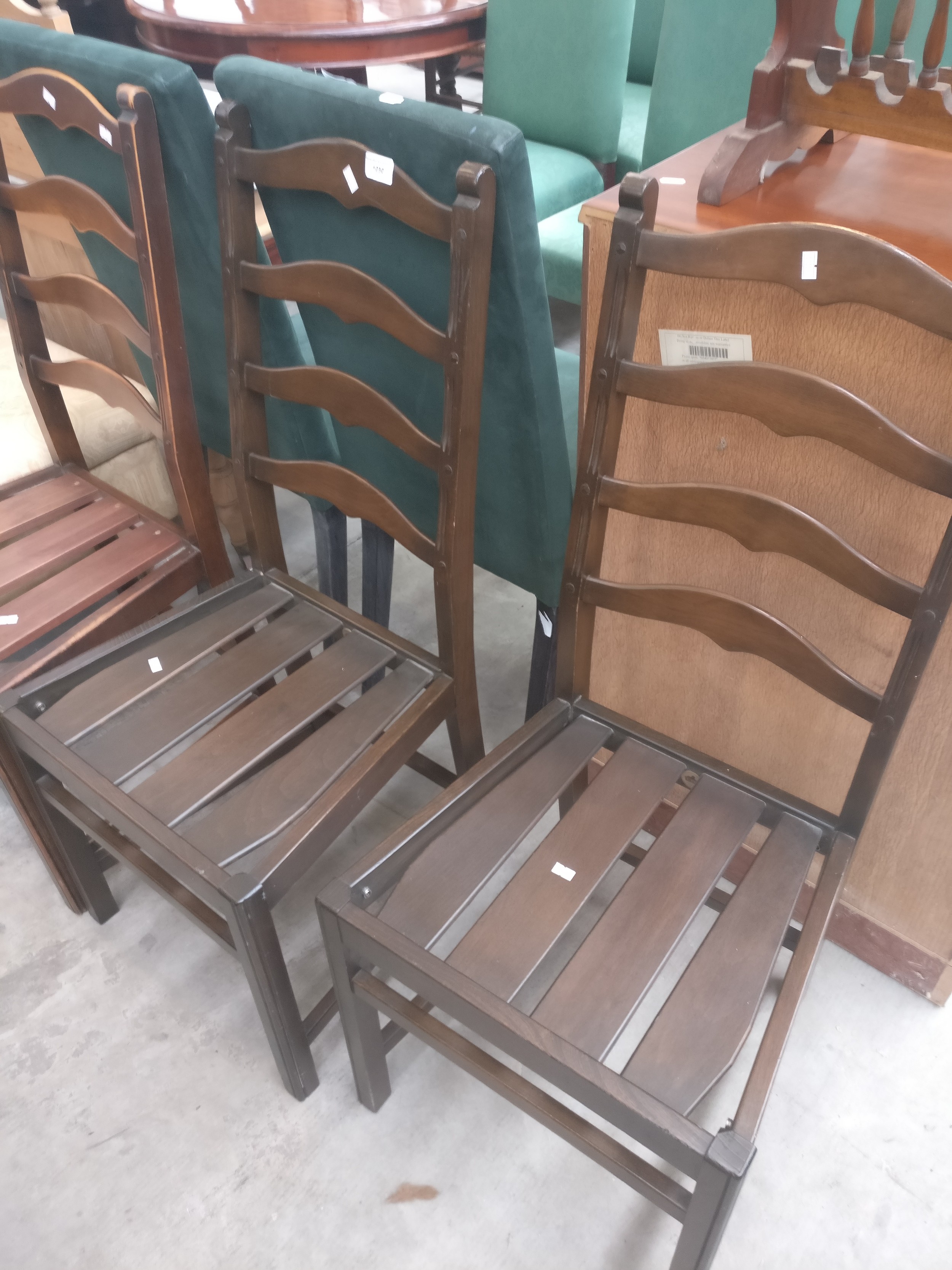 3 x vintage wood seated ladder back dining chairs - pair plus one similar