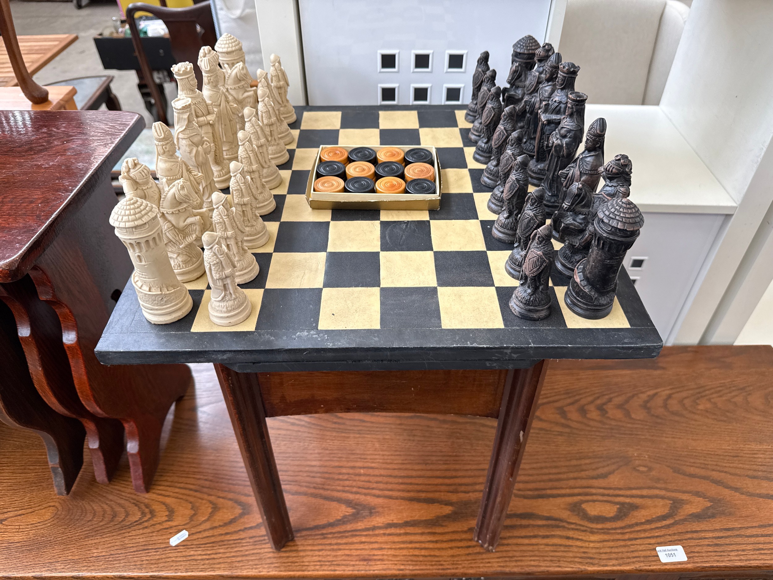 A modified vintage lift top sewing box with chess board top and a set of vintage