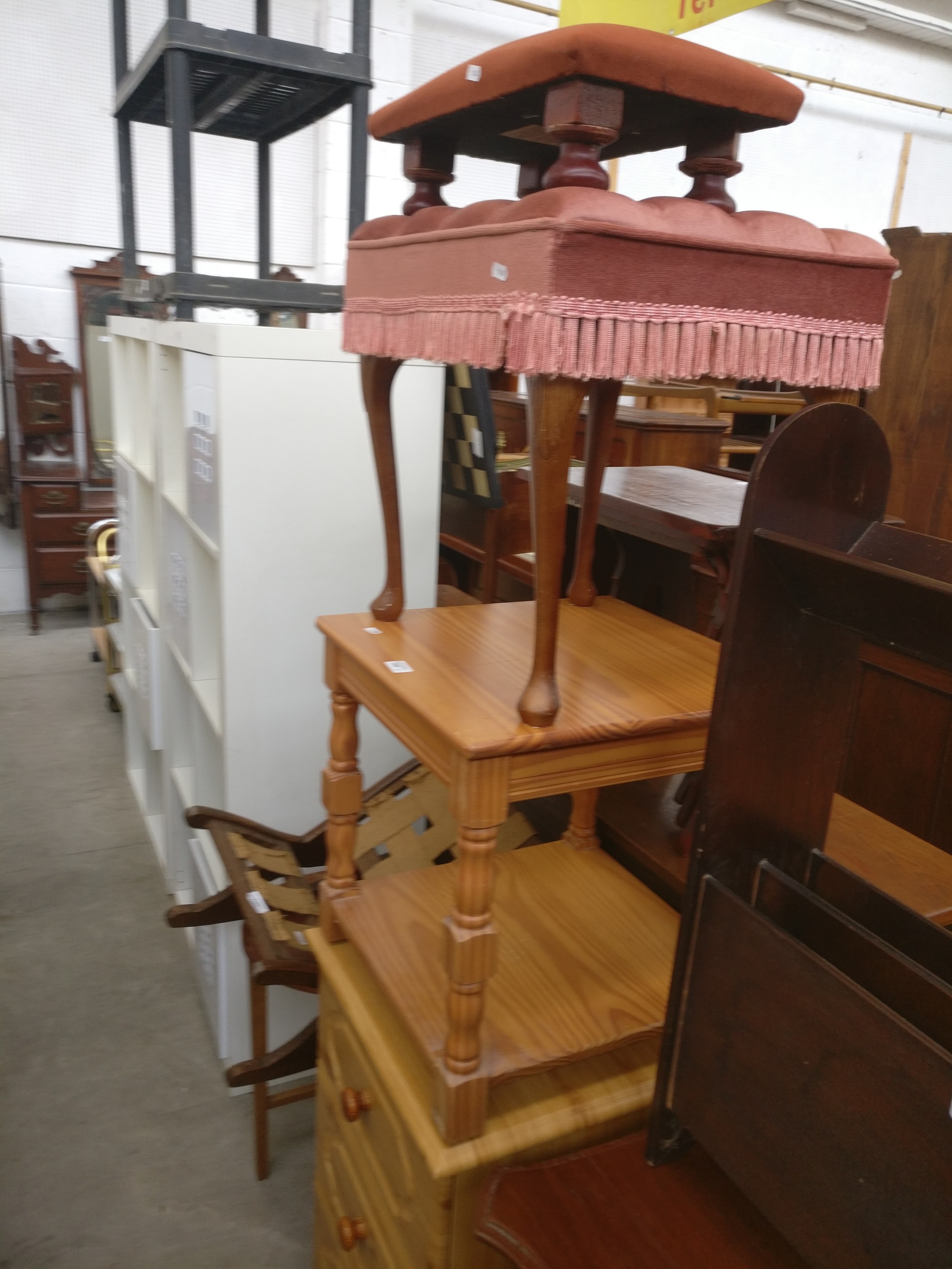A small 3 drawer chest, an occasional table and 2 x vintage stools