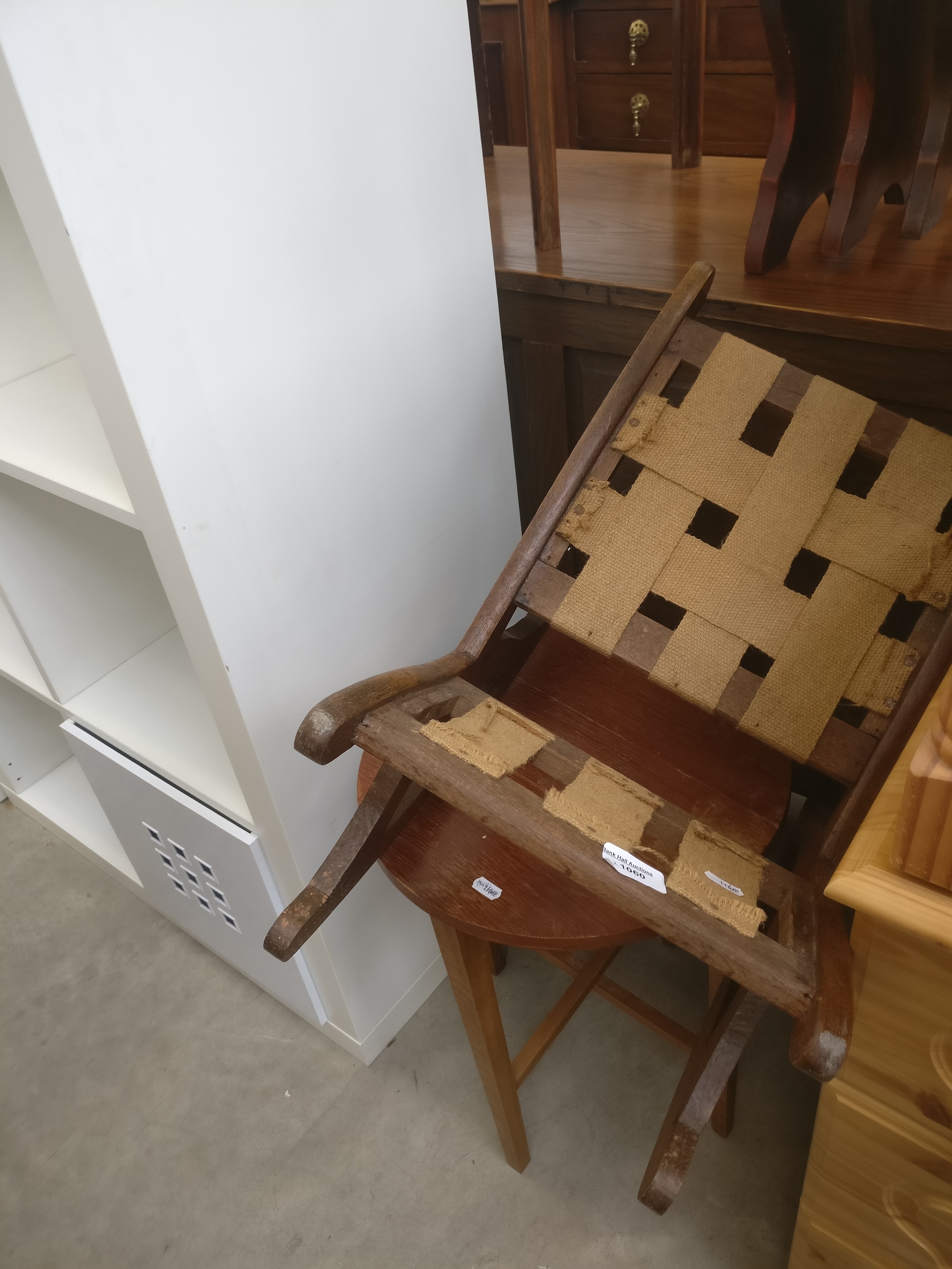A child's vintage rocking stool frame and a folding occasional table