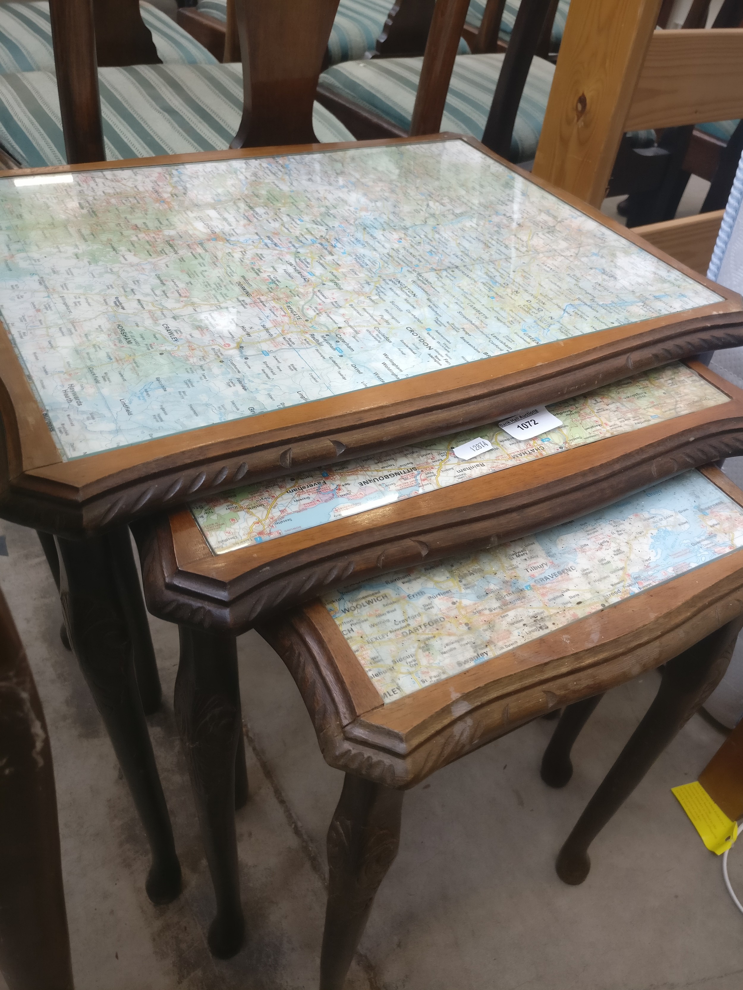 A nest of 3 x vintage occasional tables with map covered tops