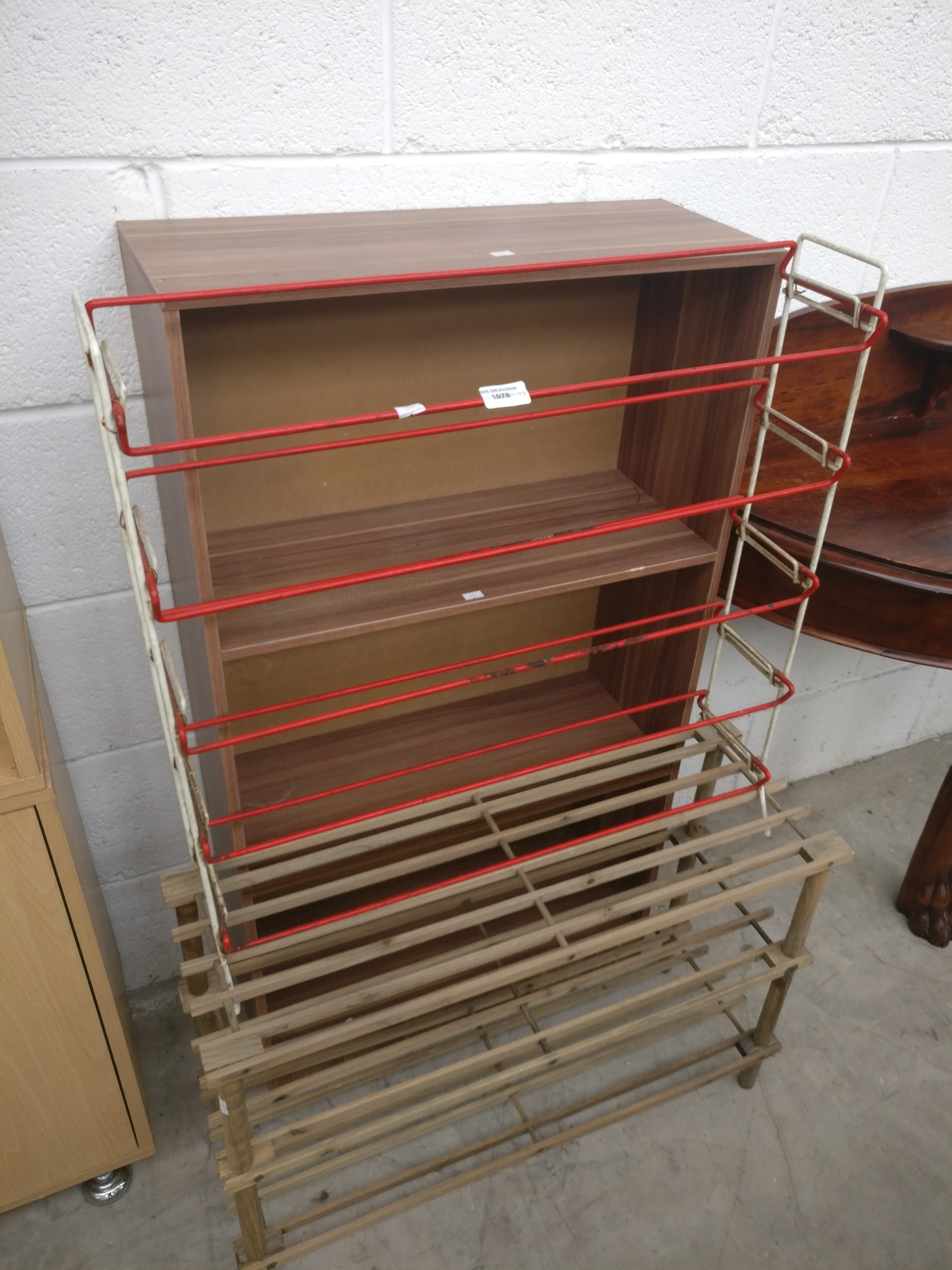 2 x small vintage racks and a modern open shelf unit