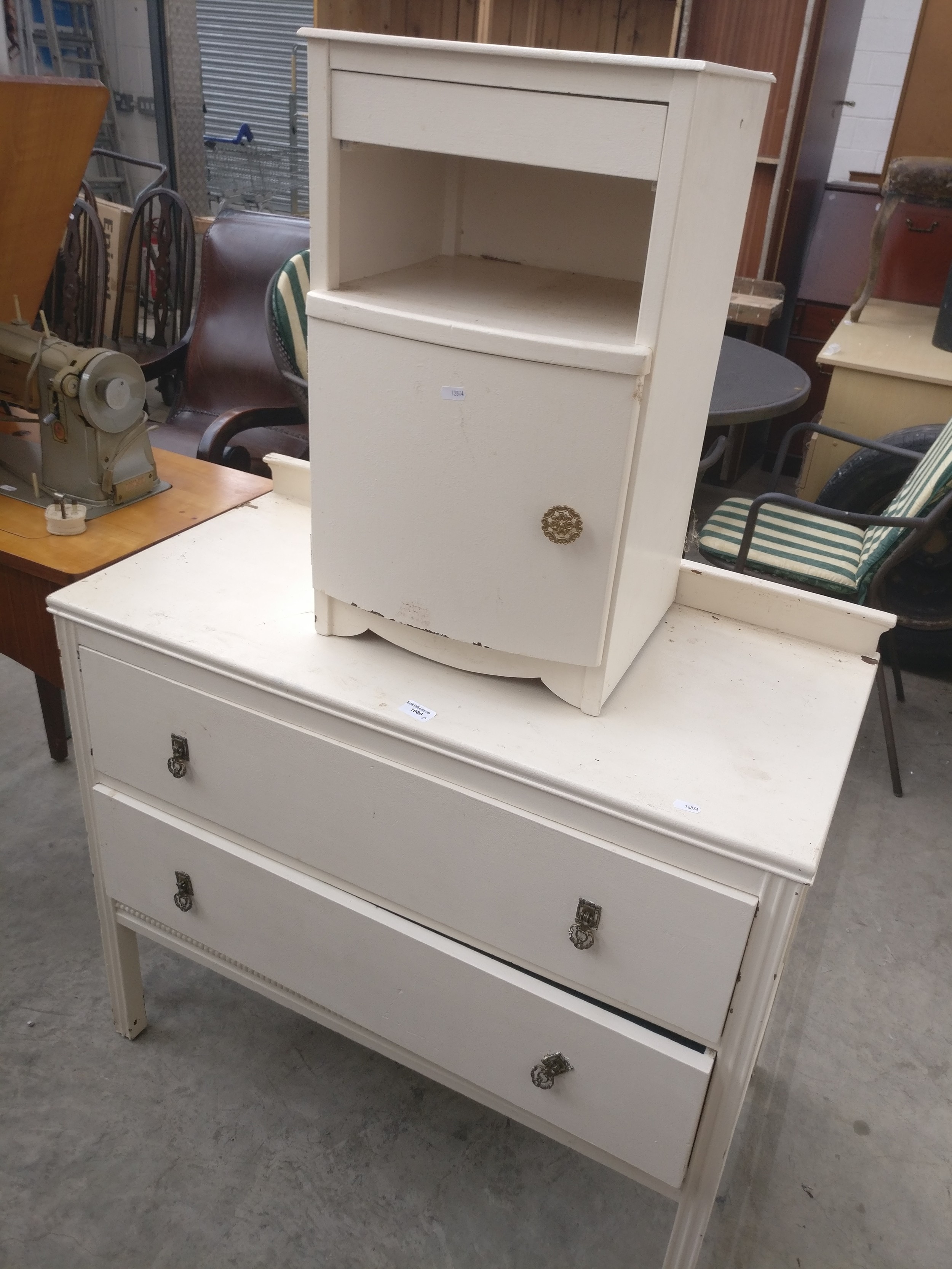 A painted vintage 2 drawer chest and a vintage bedside stand