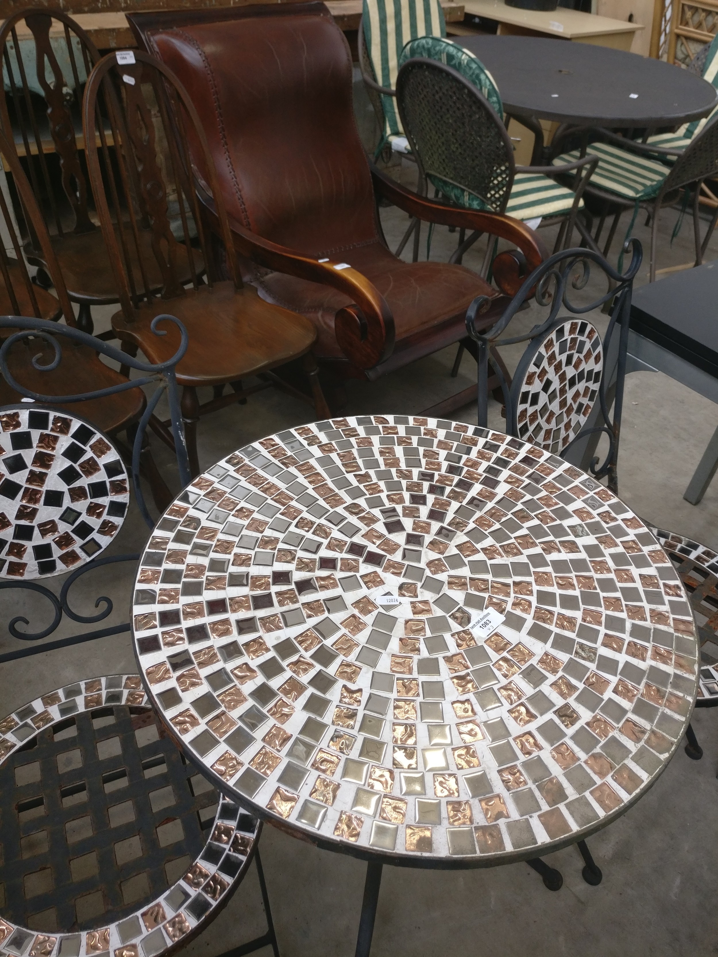 A 3 x piece metal framed garden set with table and 2 x chairs all with mosaic