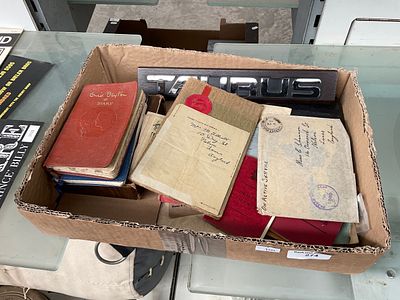 Box inc old driving licences, Enid Blyton diaries, photograph, etc