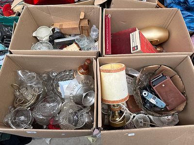 Four boxes inc glassware, cameras, books, china, etc