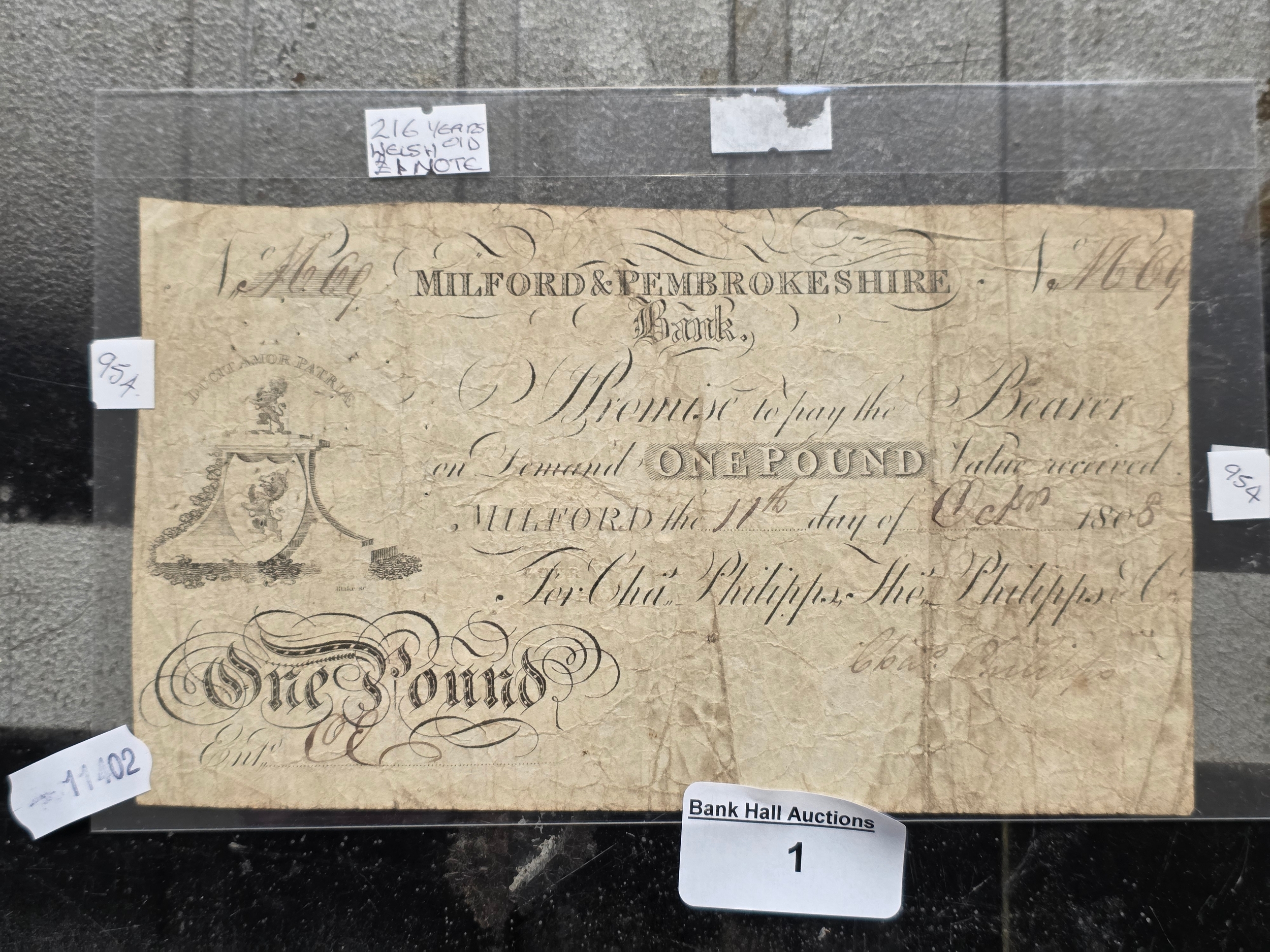 A well preserved Welsh 1 pound note from Milford & Pembrokeshire Bank dated