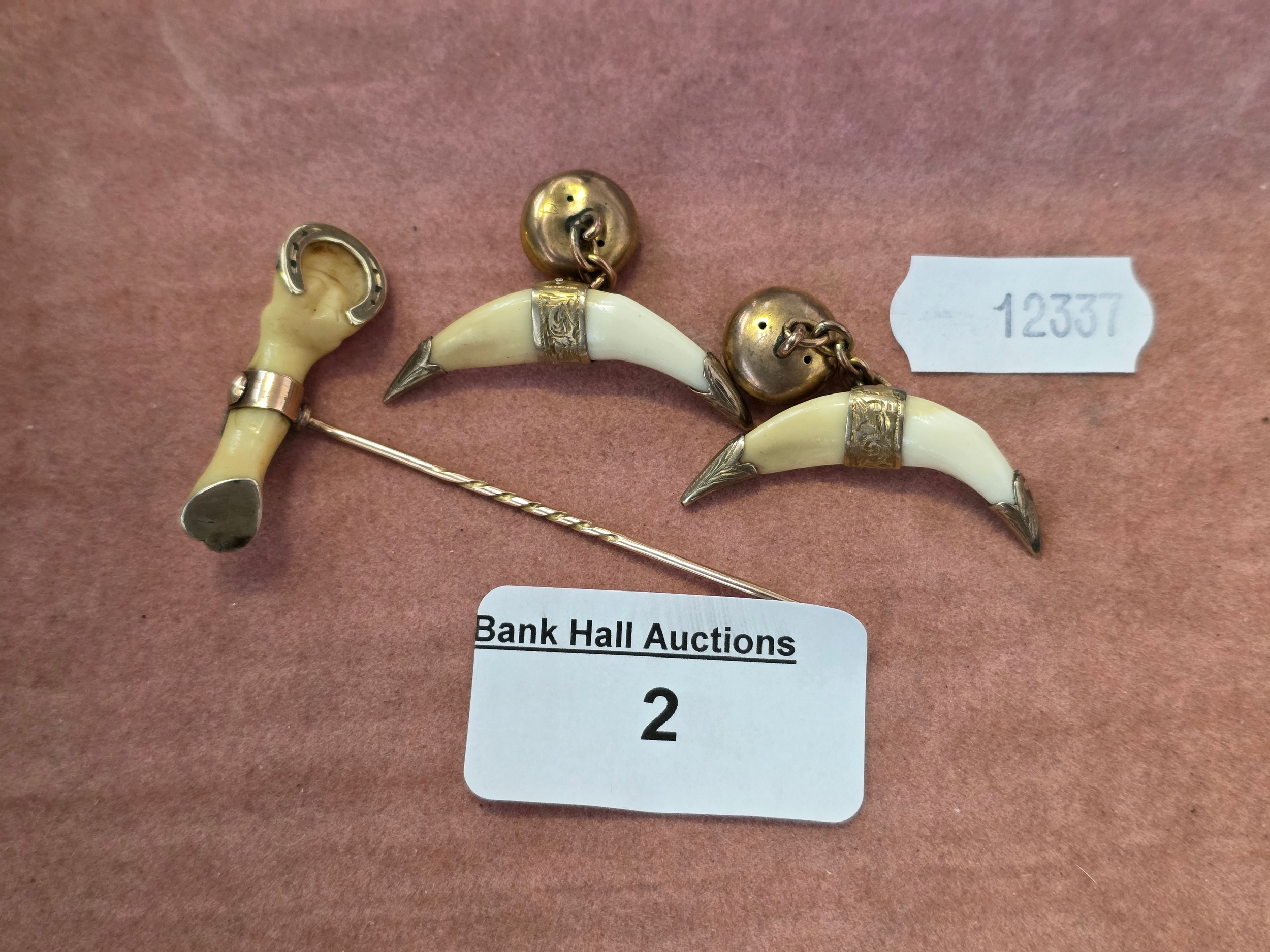 A pair of sharks tooth cufflinks & a horses hoof hat pin