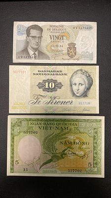 Lote 3x Belgica / Vietnam / Dinamarca VF/XF. notas usadas em condi&ccedil;oes BC/MBC