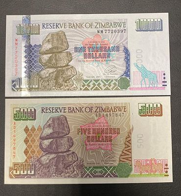 2x Zimbabwe 500 + 1000 Dollars 2003-2004 P-11/12 UNC. Lote 2 notas novas unc.