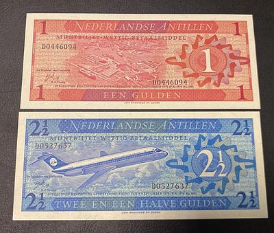 Lot 2x Netherlands Antilles 1 + 2 Gulden 1970 P-20/21 UNC. 2 notas novas - unc