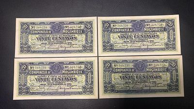 Lot 4x Mozambique 20 centavos 1933 P-r29 AU/UNC Consecutive. lote 4 notas novas, podem conter 