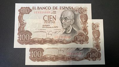 2x Spain 100 Pesetas 1970 P-152 UNC Consecutive. Novas UNC - Numeros consecutivos.
