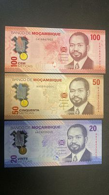 Lot 3x Mozambique 20 + 50 + 100 meticais 2024 UNC. lote 3 notas novas - unc lot.