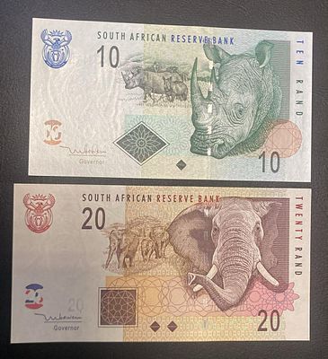 Lot 2x South Africa 10 + 20 Rands 2005 P-128/129 UNC. 2 notas novas - unc