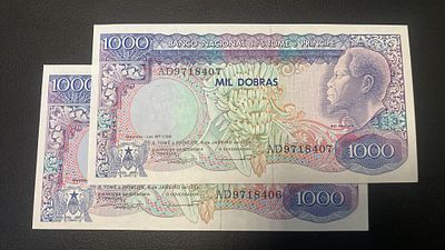 2x S&atilde;o Tom&eacute; Principe 1000 Dobras 1989 P-62 UNC. 2 notas novas seguidas.