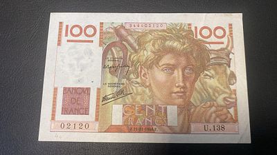 France 100 francs 1946 P128 VF+. mbc - vf with pinholes