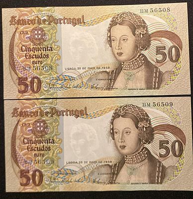 2x Portugal 50 Escudos 1968 P-174 AUNC. 2 notas quase novas.